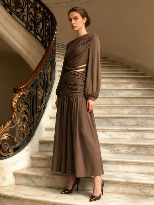 Ruched Long-Sleeve Maxi Dress with Cutout Detail - SuzRevera