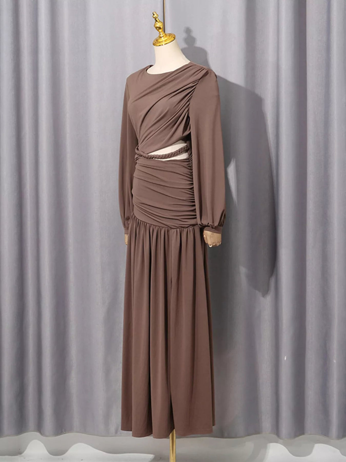 Ruched Long-Sleeve Maxi Dress with Cutout Detail - SuzRevera