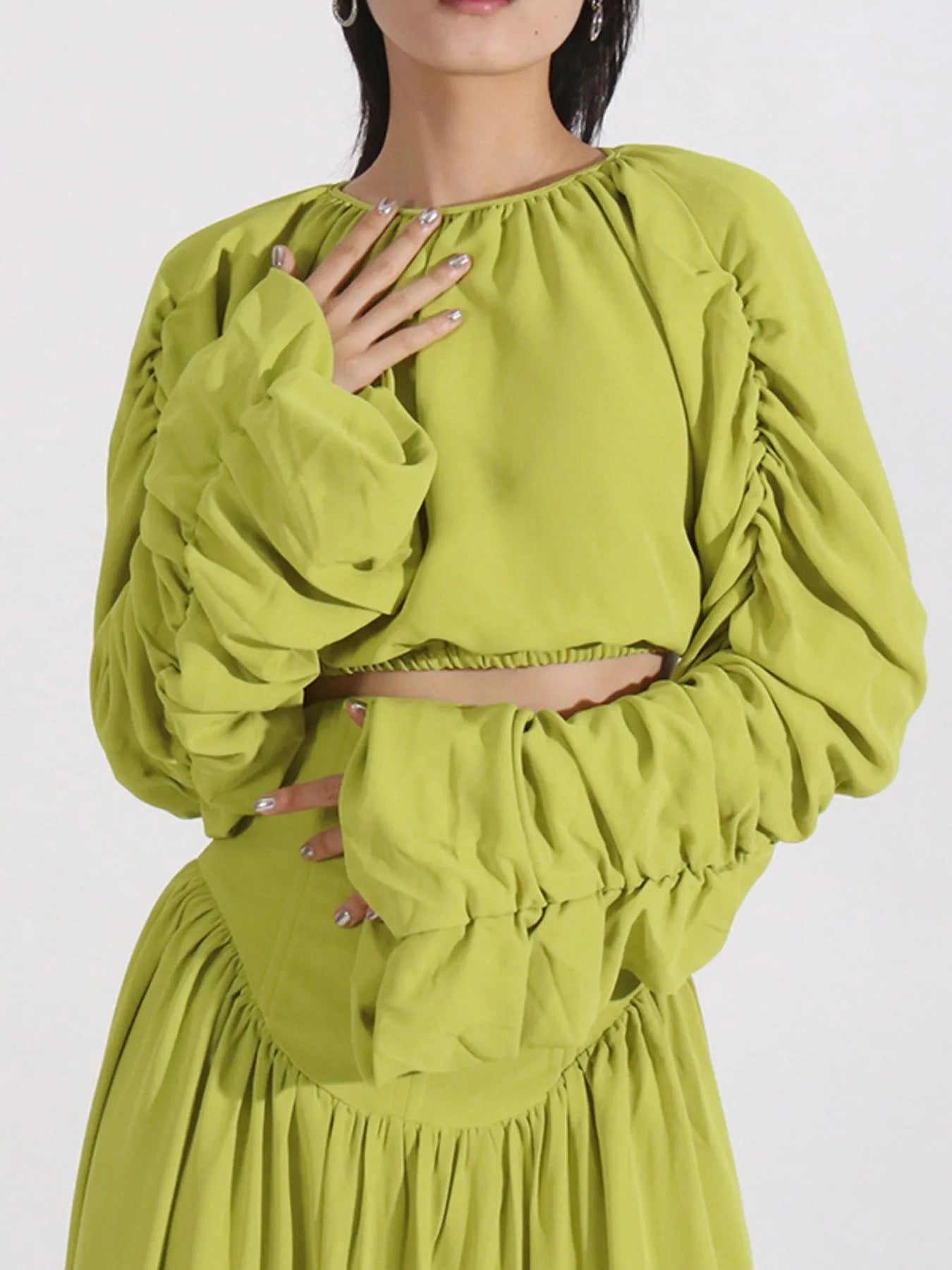 Ruched Long Sleeve Top and High Waist Skirt Set - SuzRevera