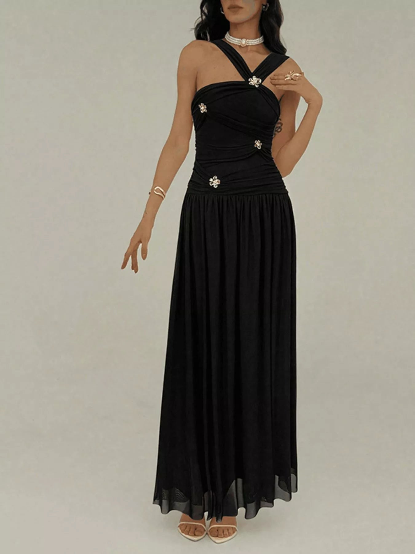 Ruched Sleeveless Maxi Dress with Embellishments - SuzRevera