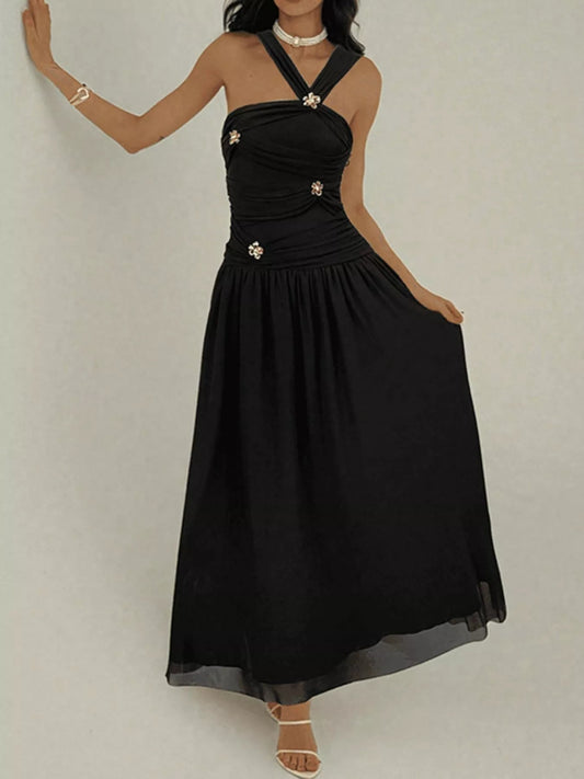 Ruched Sleeveless Maxi Dress with Embellishments - SuzRevera