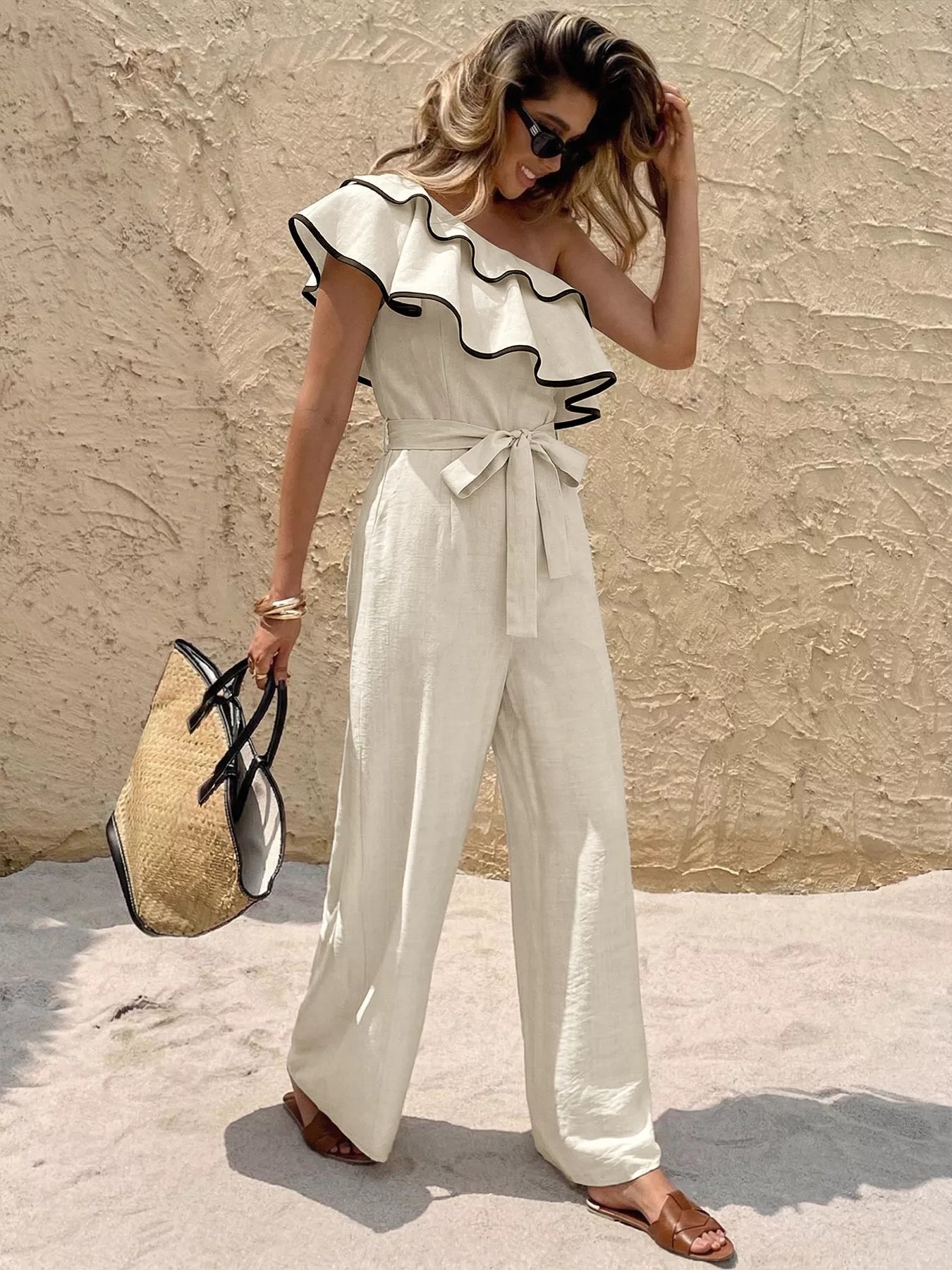 Ruffle One-Shoulder Wide Leg Jumpsuit - SuzRevera