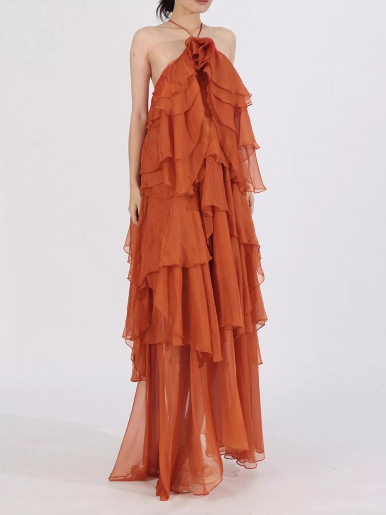 Ruffled Chiffon Halter Neck Maxi Dress - SuzRevera