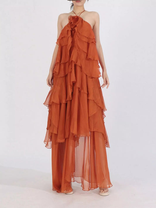 Ruffled Chiffon Halter Neck Maxi Dress - SuzRevera