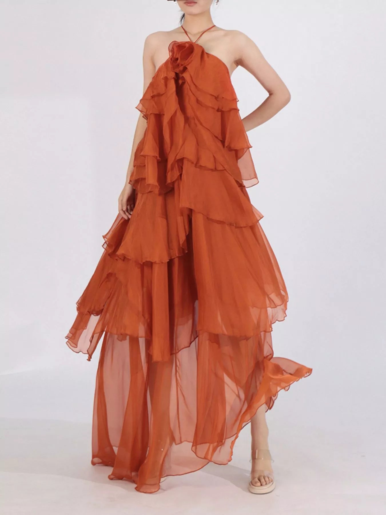 Ruffled Chiffon Halter Neck Maxi Dress - SuzRevera