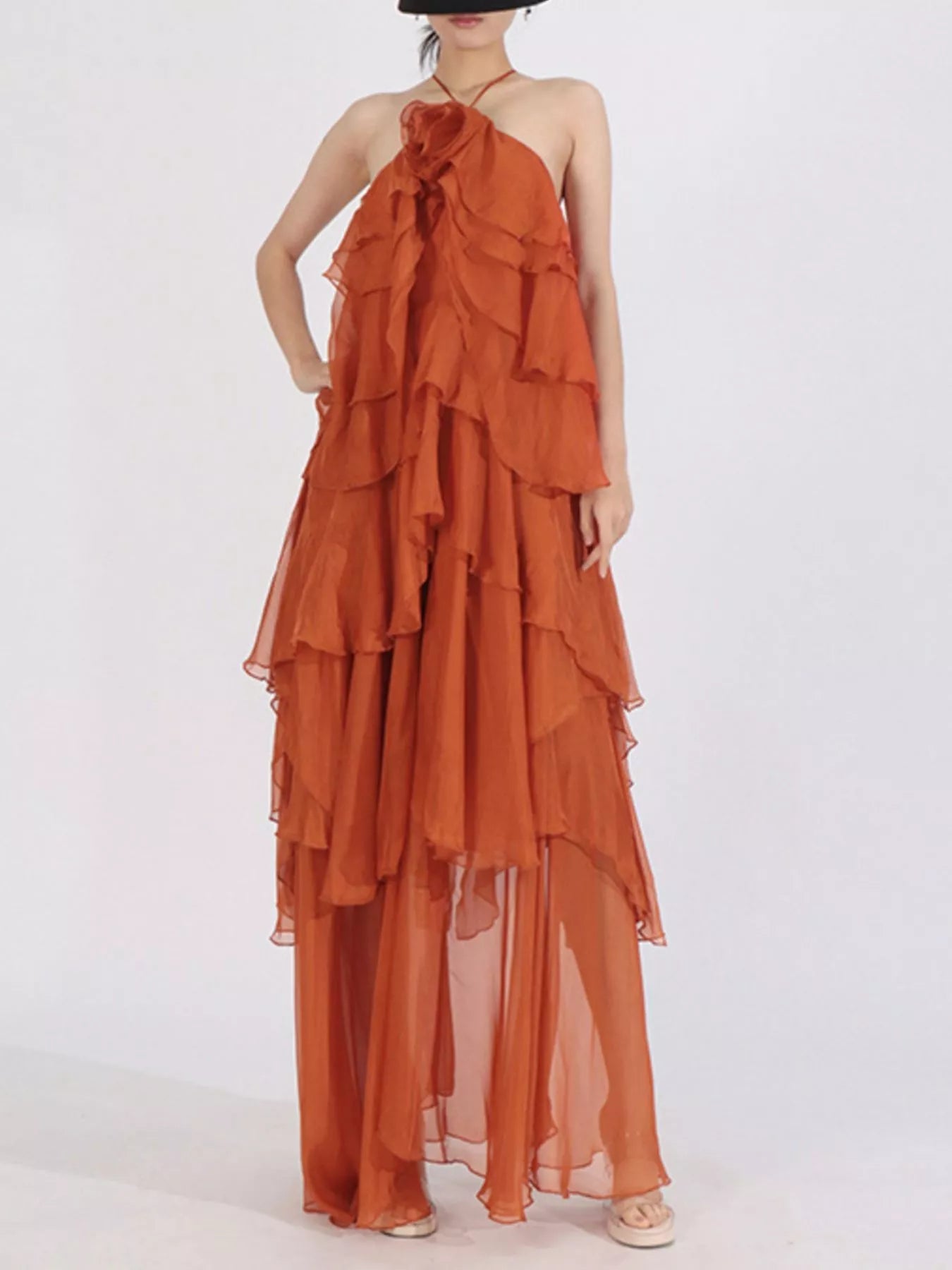 Ruffled Chiffon Halter Neck Maxi Dress - SuzRevera