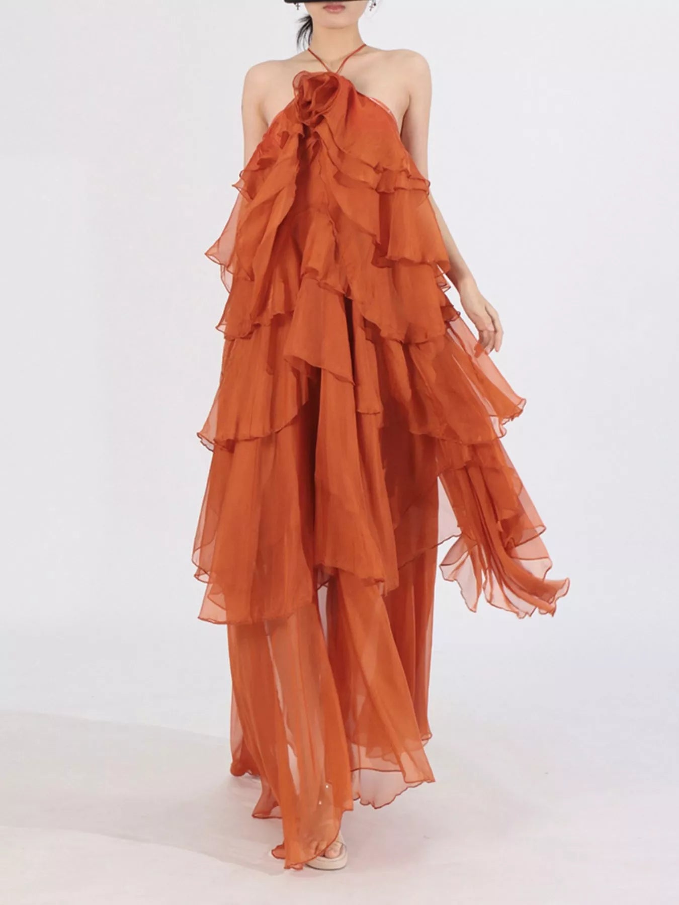 Ruffled Chiffon Halter Neck Maxi Dress - SuzRevera