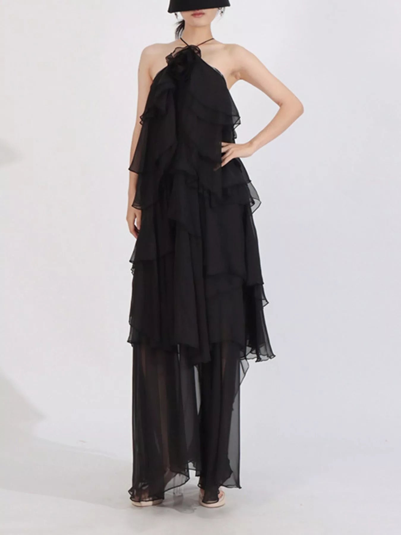 Ruffled Chiffon Halter Neck Maxi Dress - SuzRevera