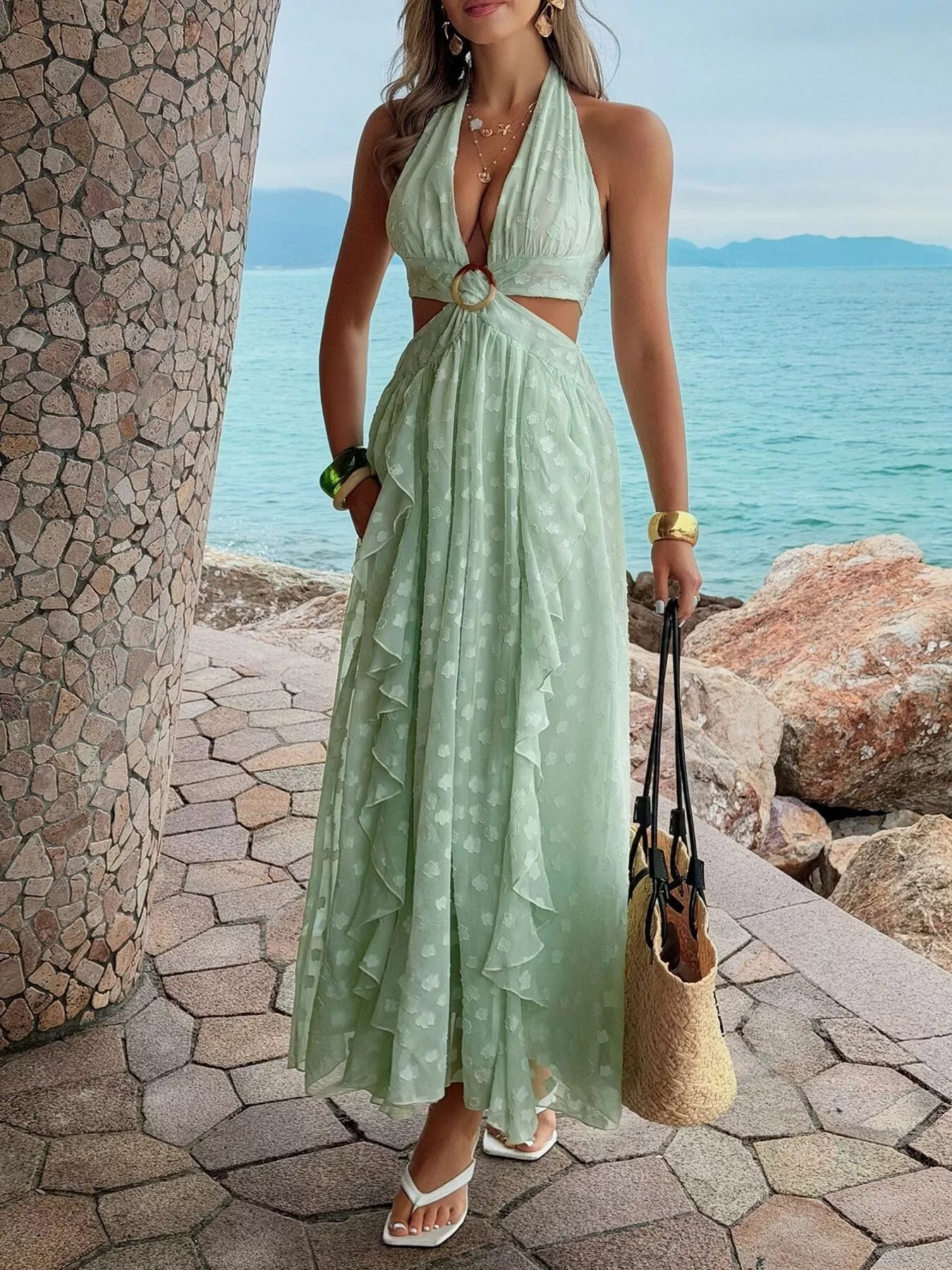 Ruffled Halter Neck Maxi Dress - SuzRevera