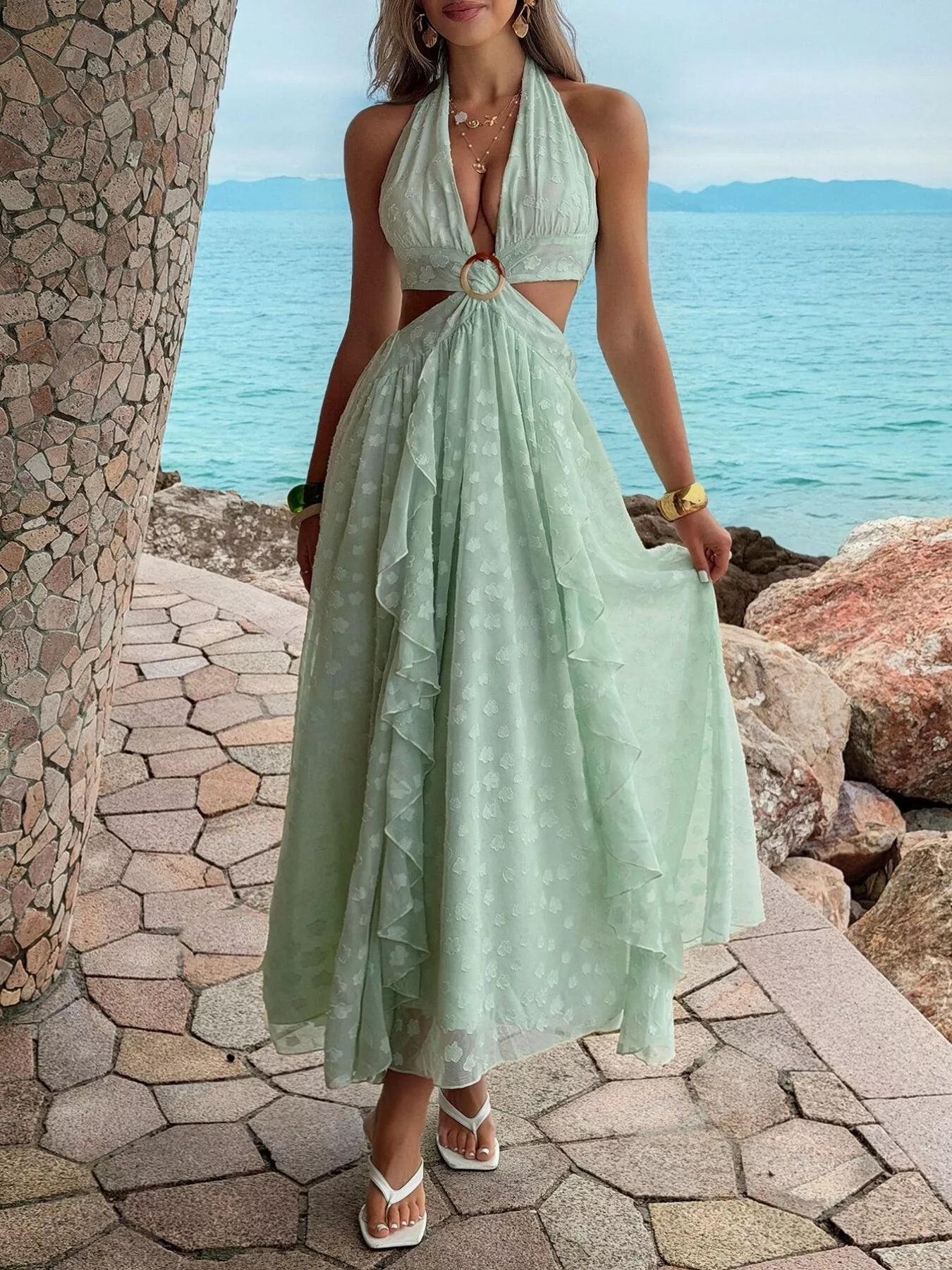 Ruffled Halter Neck Maxi Dress - SuzRevera