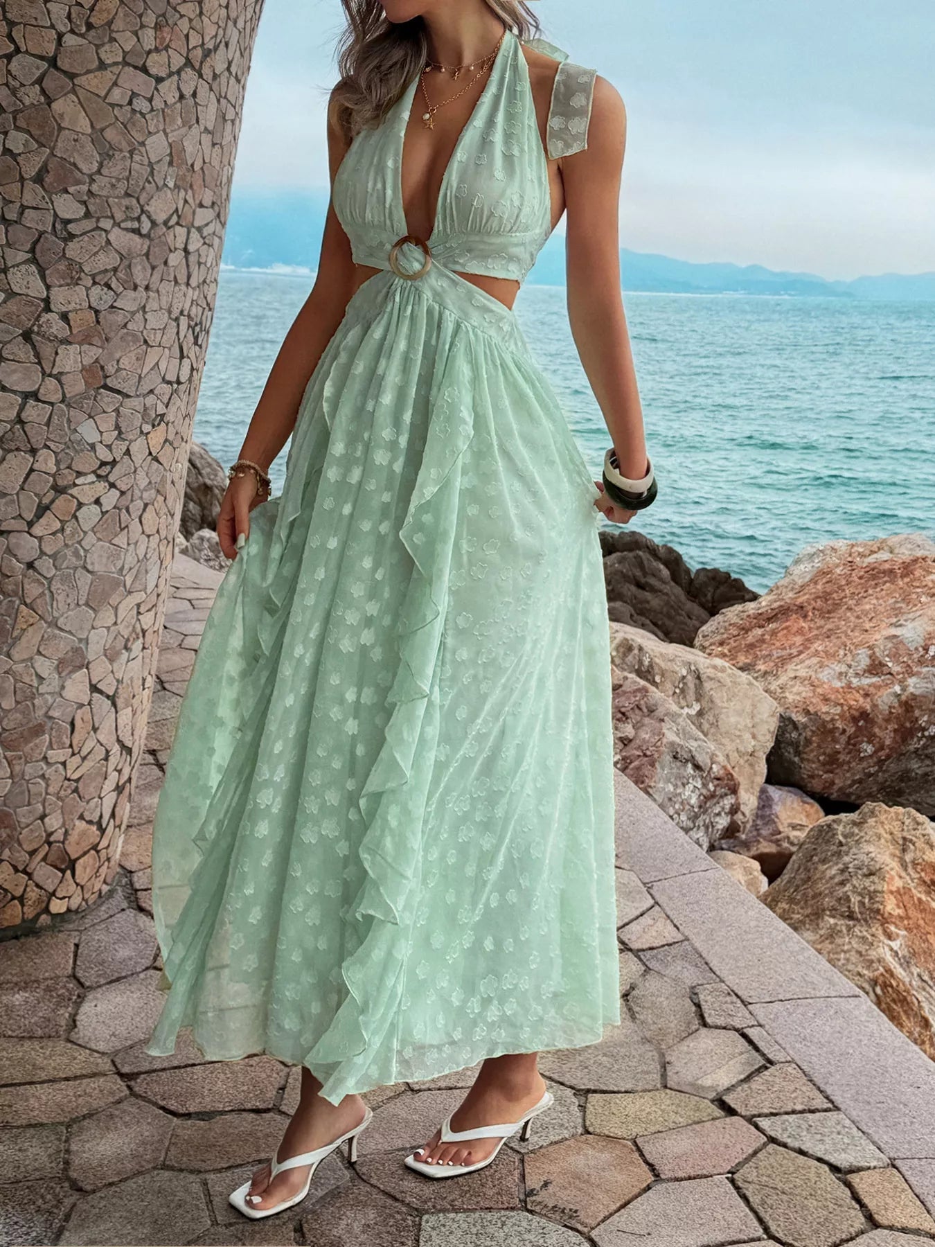 Ruffled Halter Neck Maxi Dress - SuzRevera