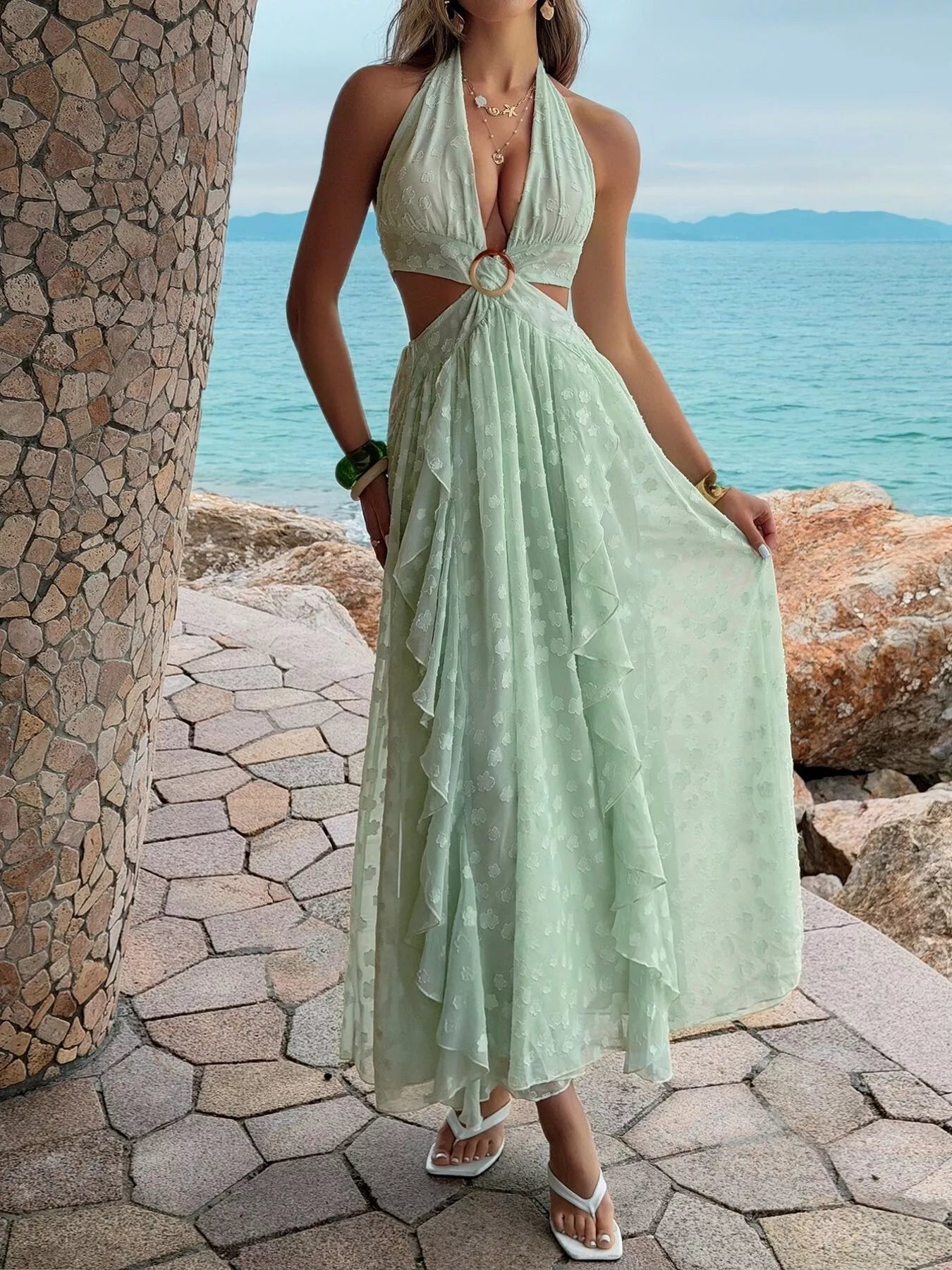 Ruffled Halter Neck Maxi Dress - SuzRevera