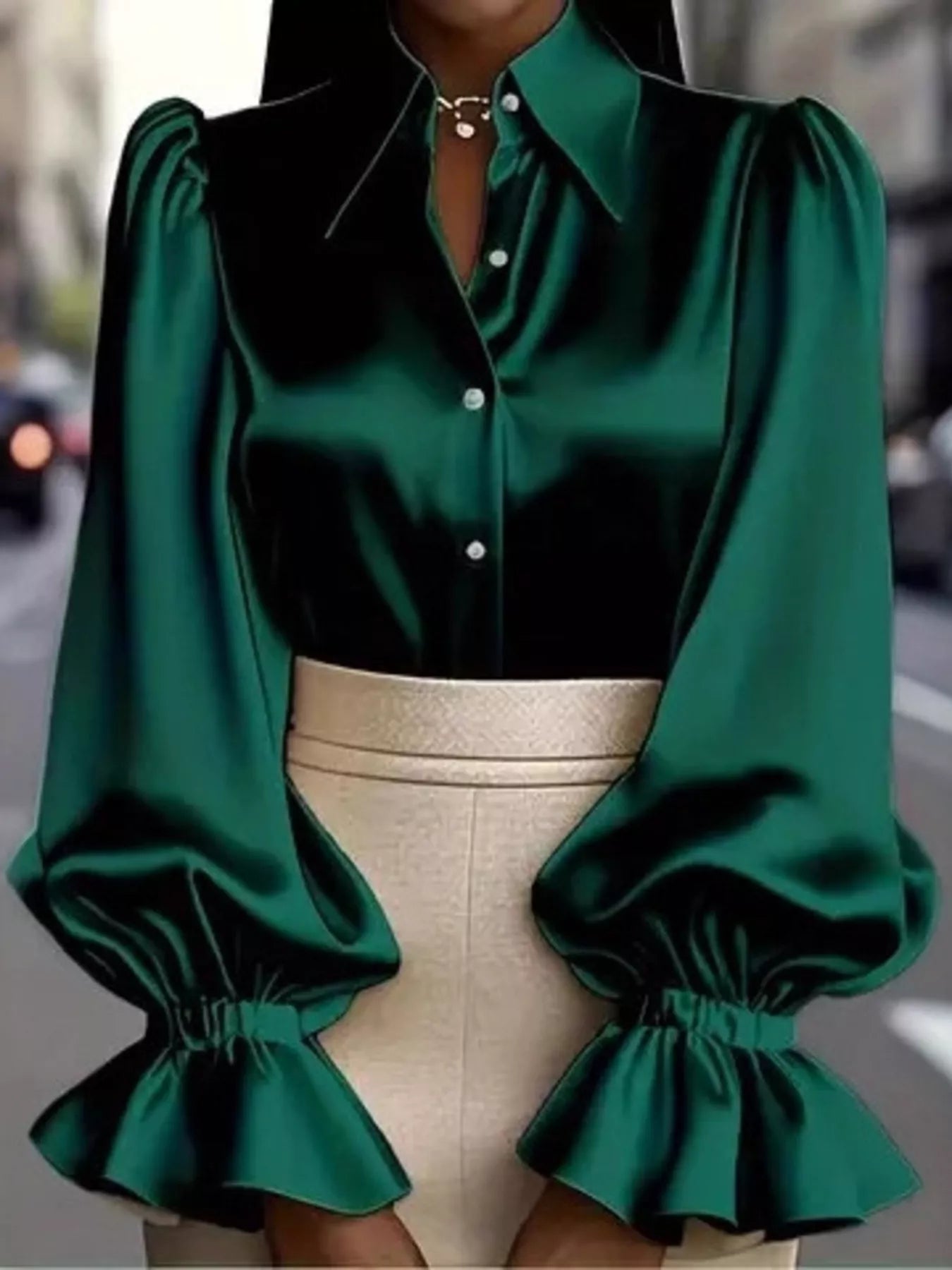 Satin Button Up Flounce Sleeve Shirt - SuzRevera