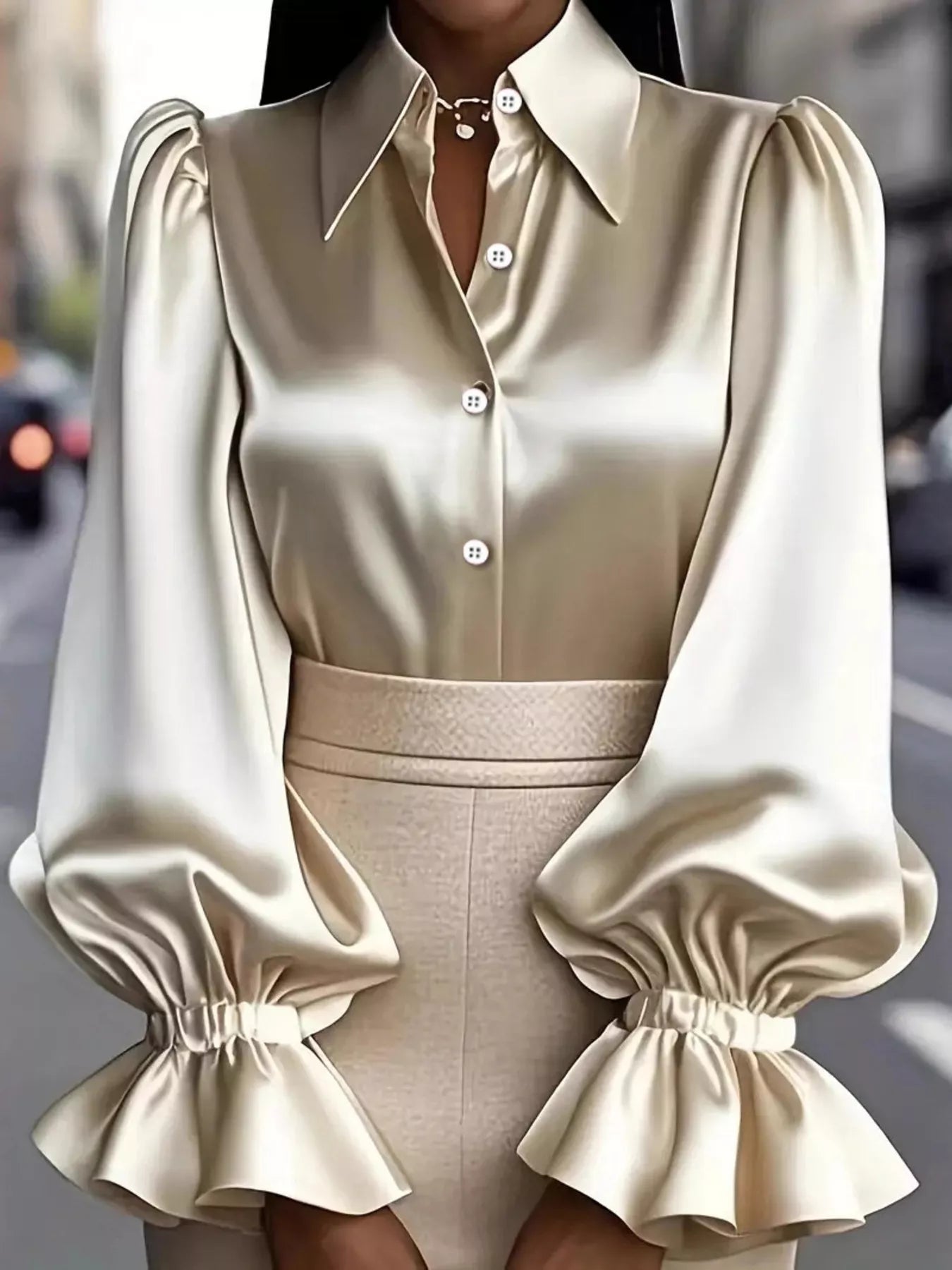 Satin Button Up Flounce Sleeve Shirt - SuzRevera