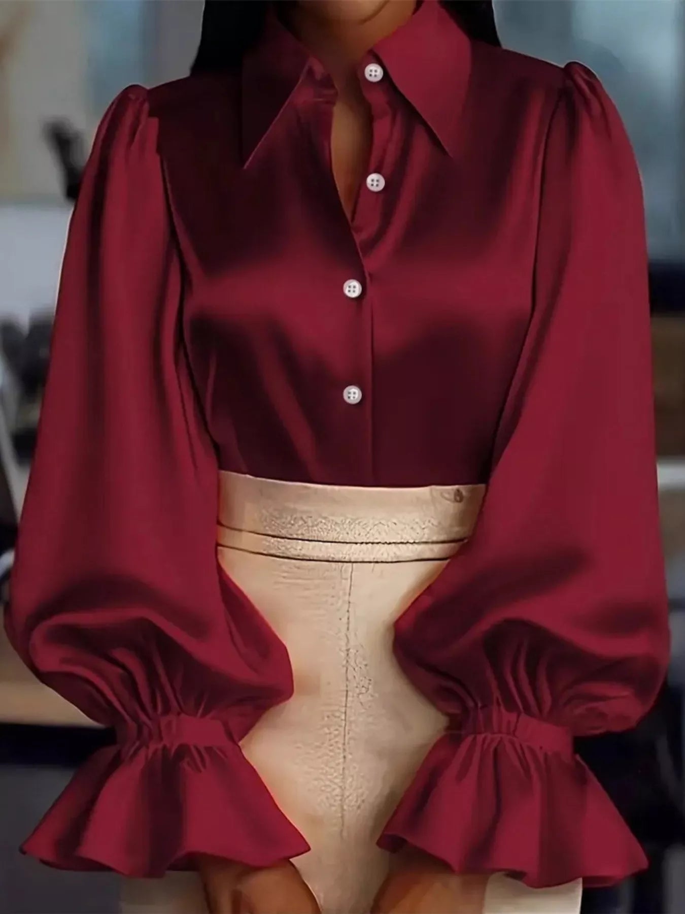 Satin Button Up Flounce Sleeve Shirt - SuzRevera