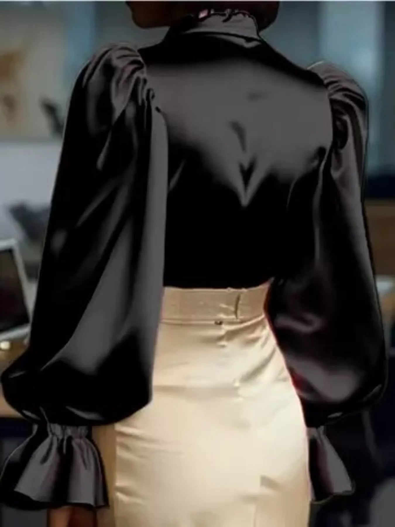 Satin Button Up Flounce Sleeve Shirt - SuzRevera