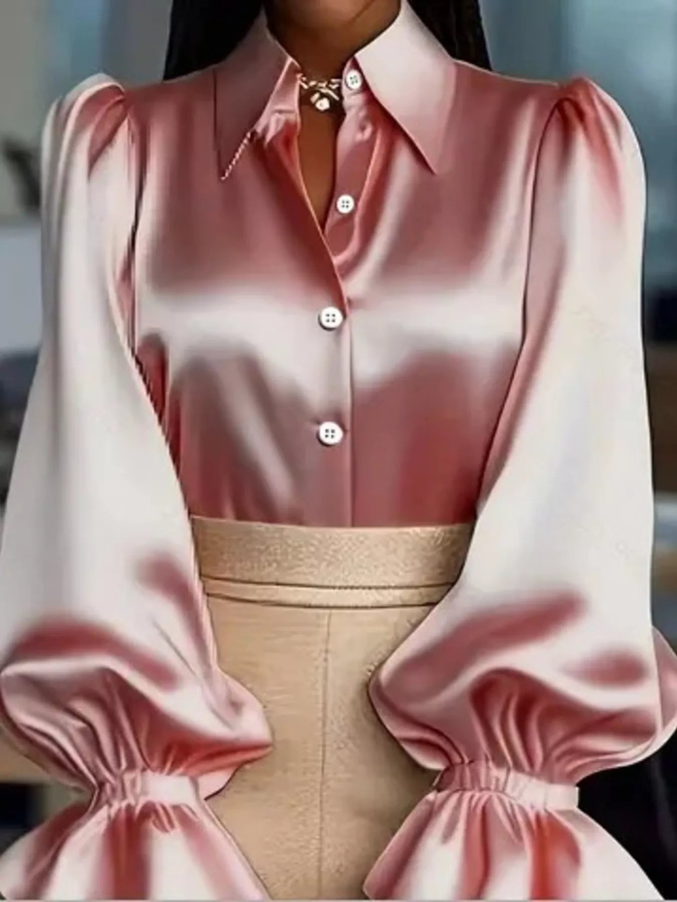 Satin Button Up Flounce Sleeve Shirt - SuzRevera