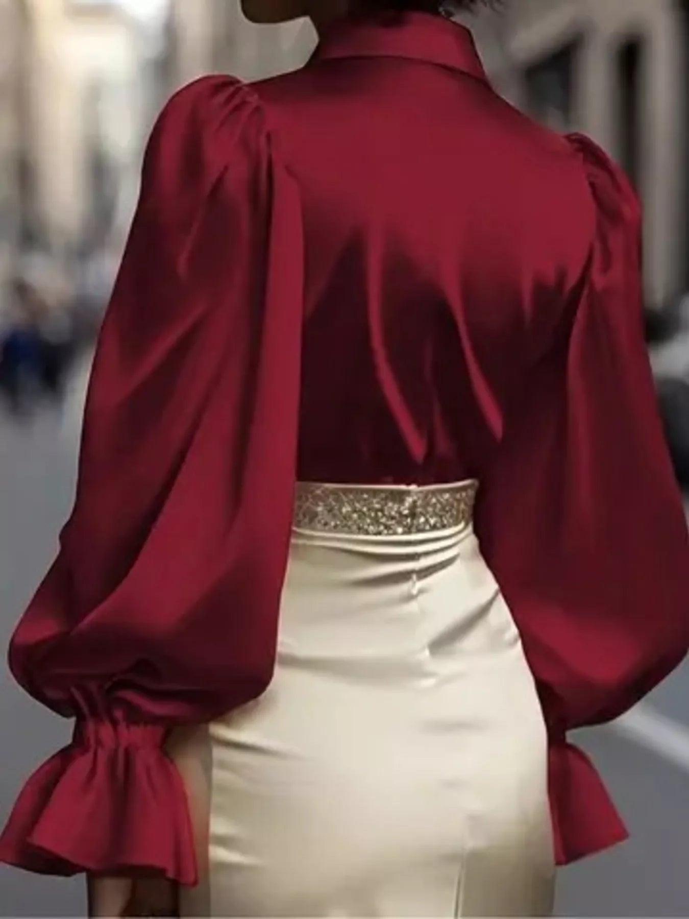 Satin Button Up Flounce Sleeve Shirt - SuzRevera