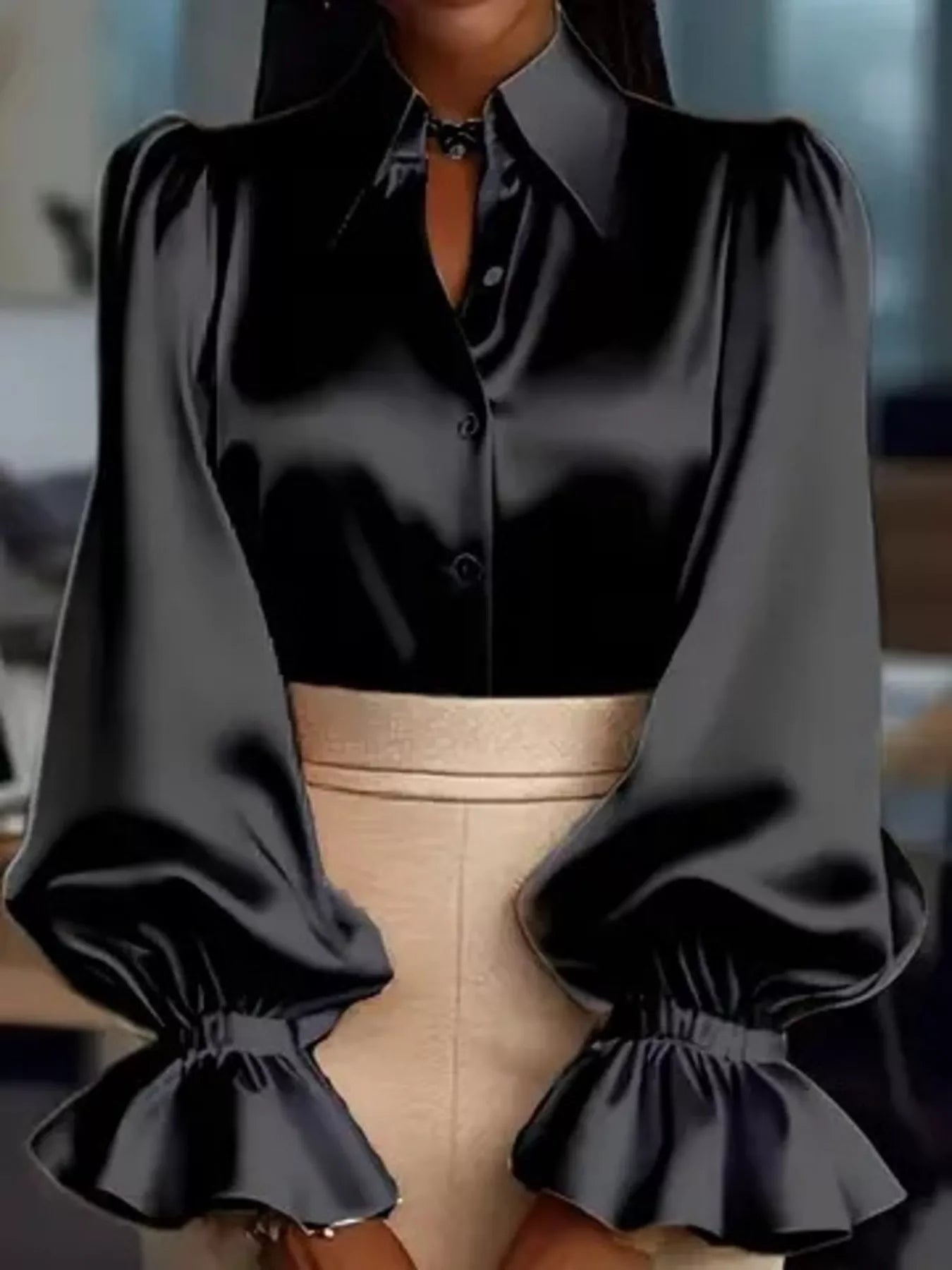 Satin Button Up Flounce Sleeve Shirt - SuzRevera