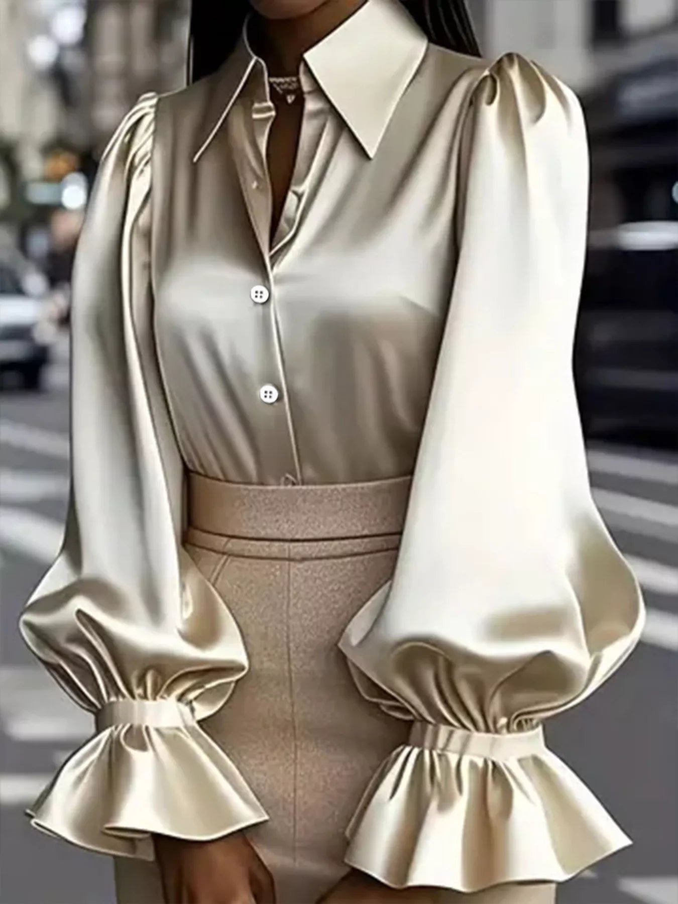 Satin Button Up Flounce Sleeve Shirt - SuzRevera