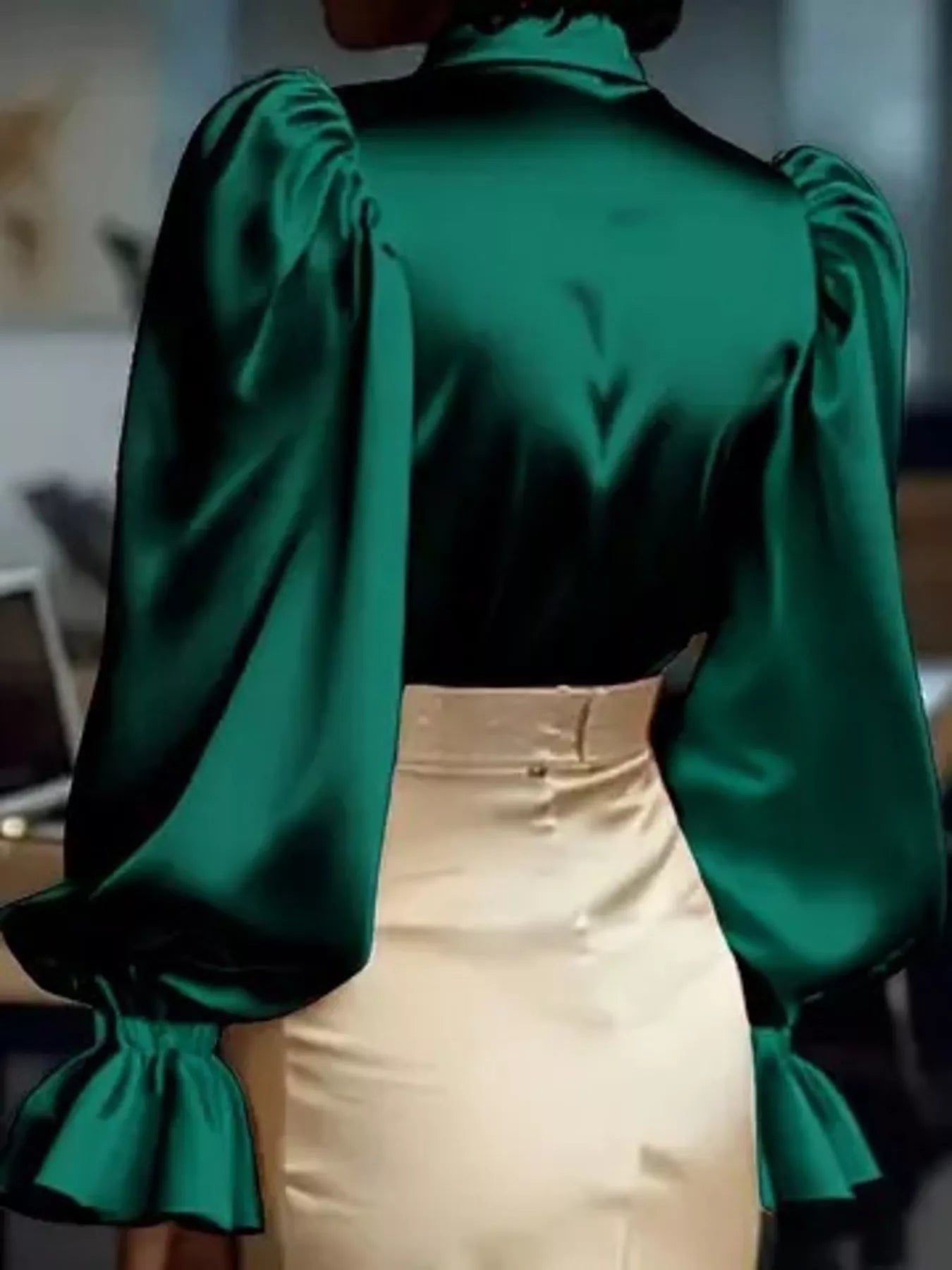 Satin Button Up Flounce Sleeve Shirt - SuzRevera