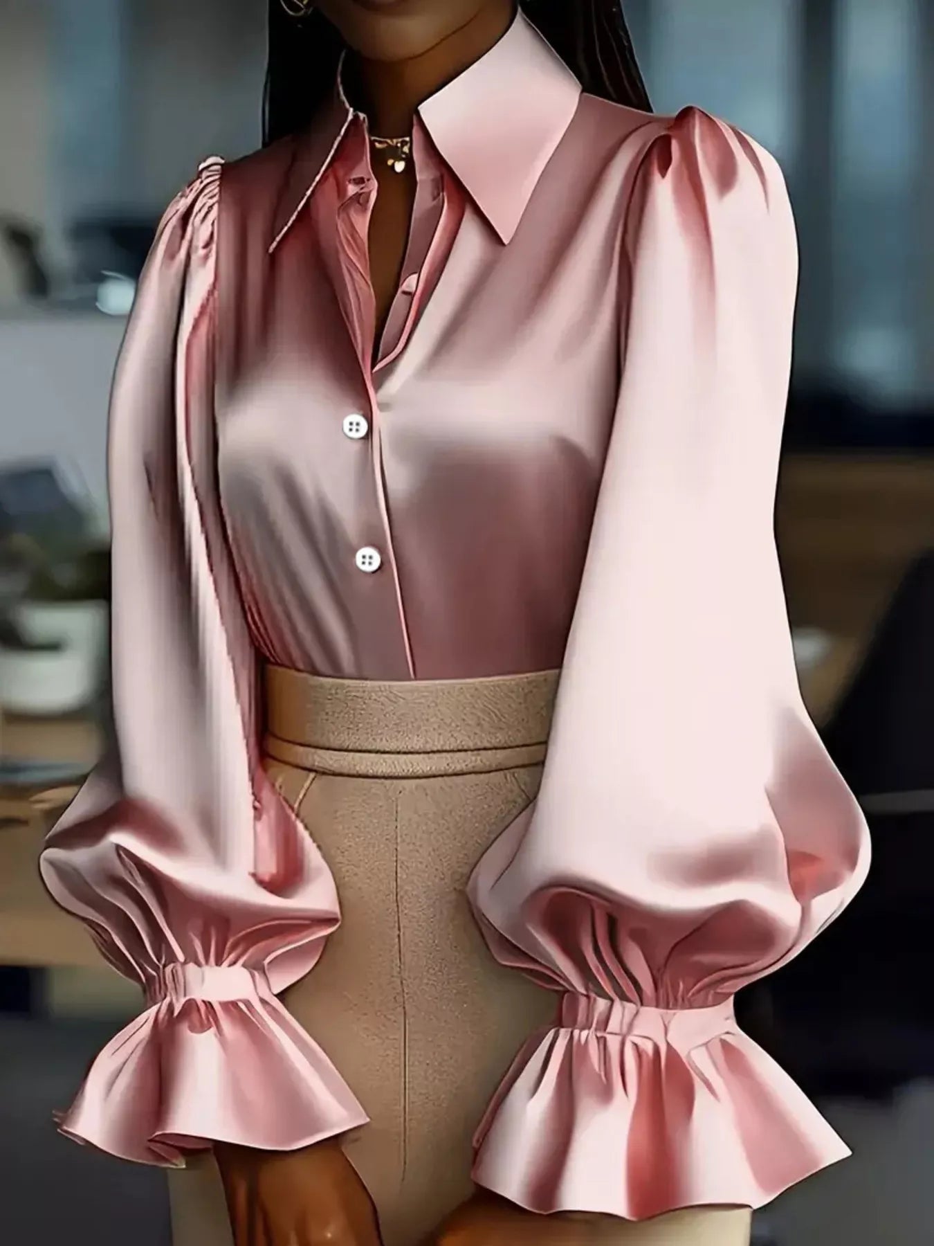 Satin Button Up Flounce Sleeve Shirt - SuzRevera