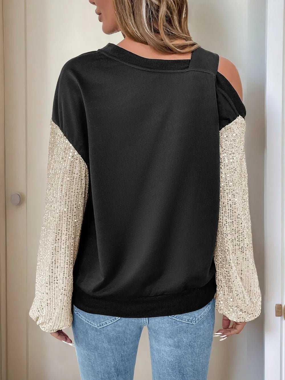Sequin Asymmetrical Neck Long Sleeve Sweatshirt - SuzRevera