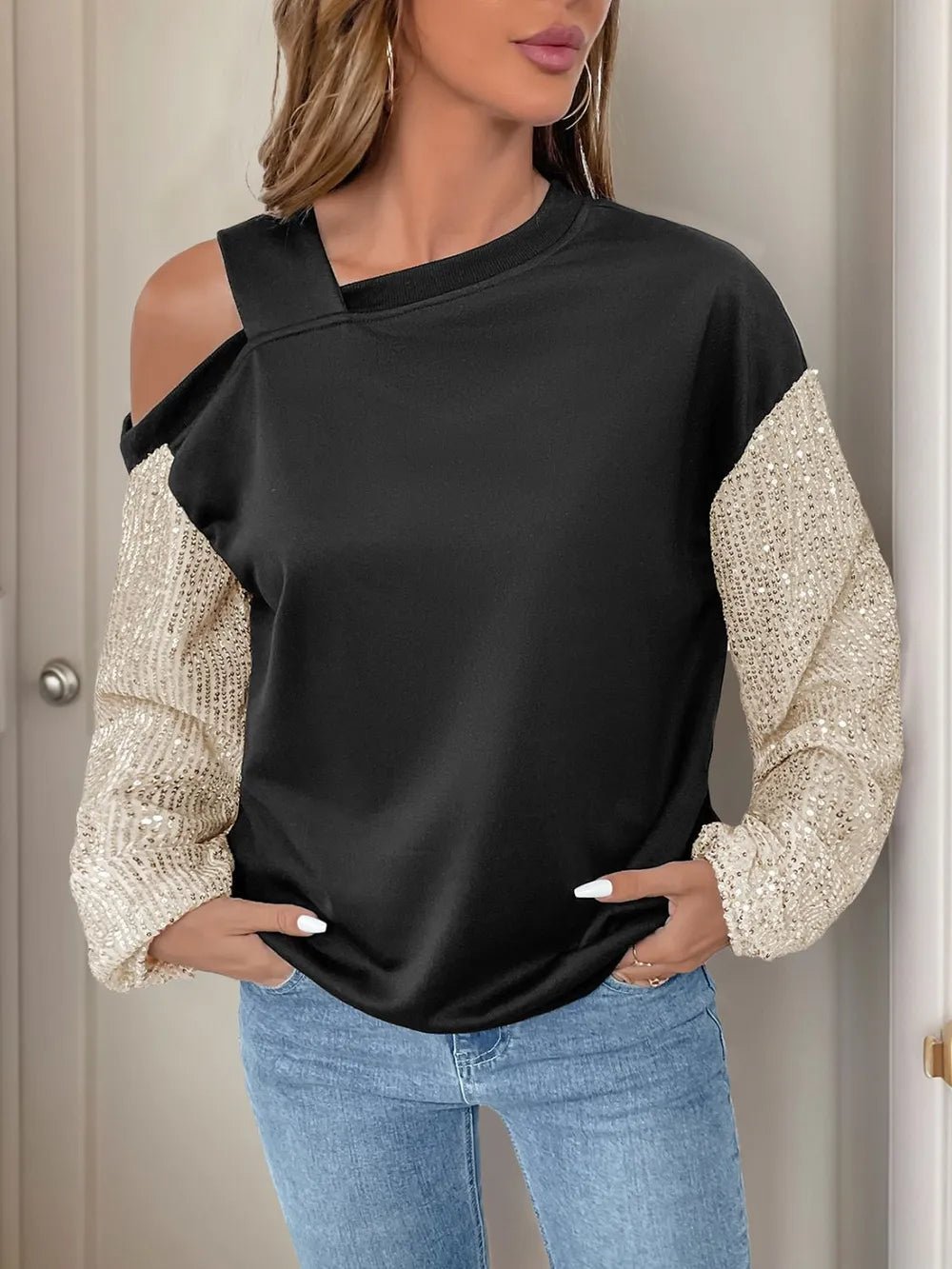 Sequin Asymmetrical Neck Long Sleeve Sweatshirt - SuzRevera