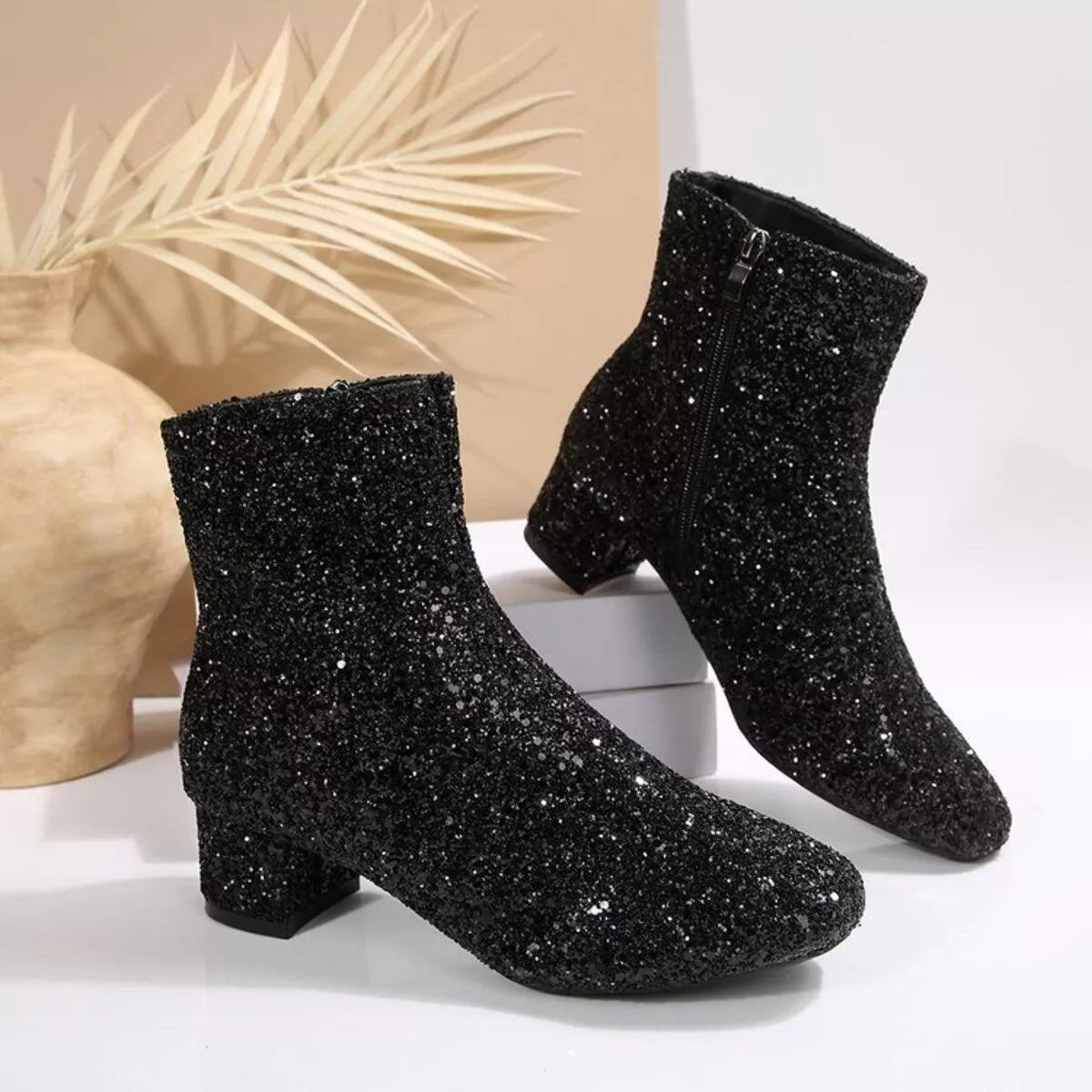 Sequin Block Heels Boots - SuzRevera