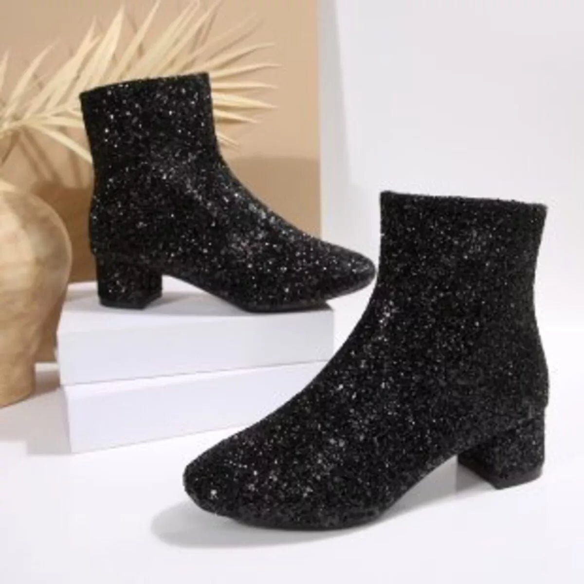 Sequin Block Heels Boots - SuzRevera