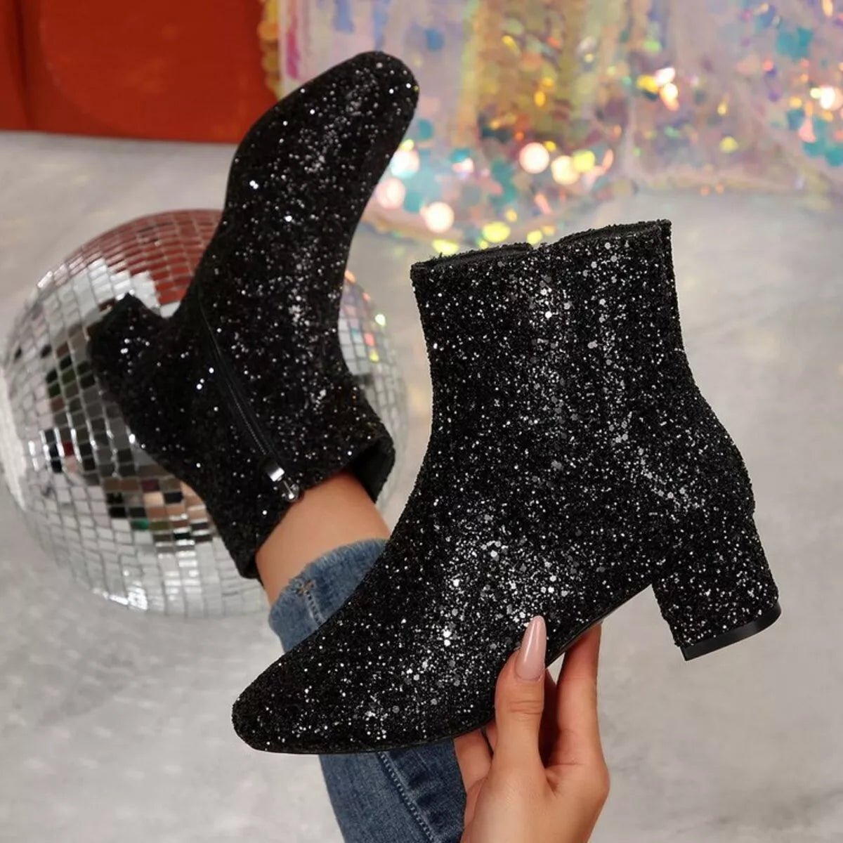 Sequin Block Heels Boots - SuzRevera