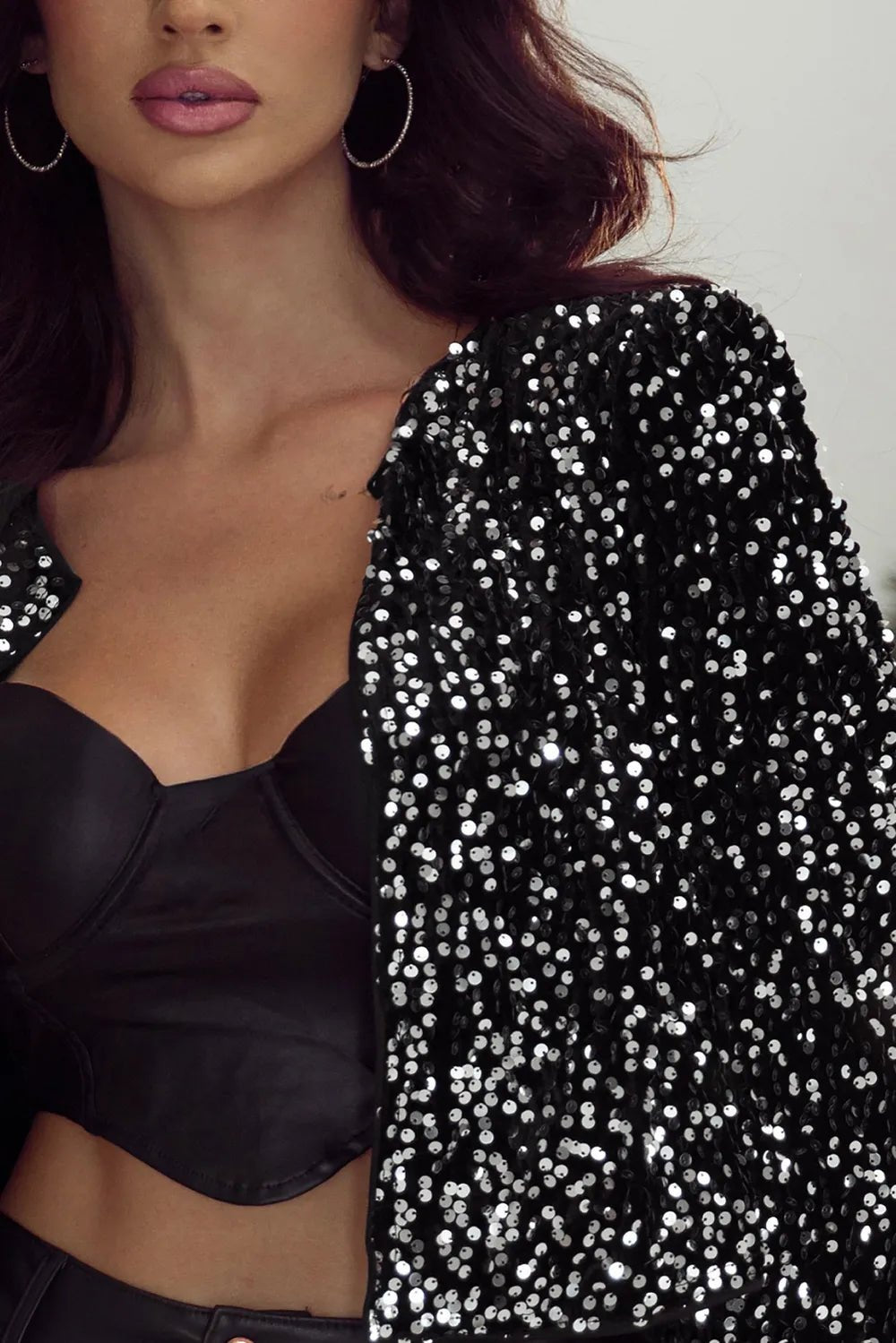 Sequin Open Front Long Sleeve Jacket - SuzRevera