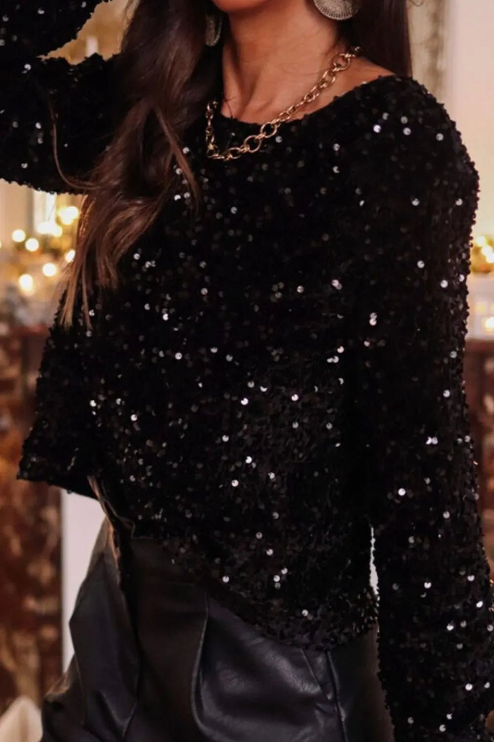 Sequin Round Neck Long Sleeve Blouse - SuzRevera
