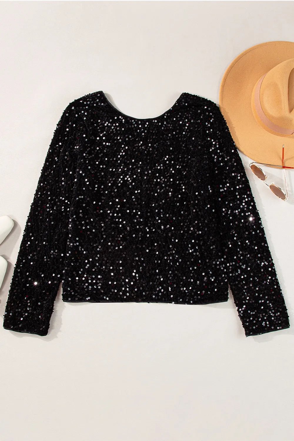 Sequin Round Neck Long Sleeve Blouse - SuzRevera