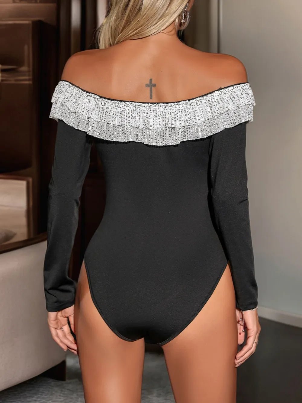 Sequin Ruffled Off - Shoulder Long Sleeve Bodysuit - SuzRevera