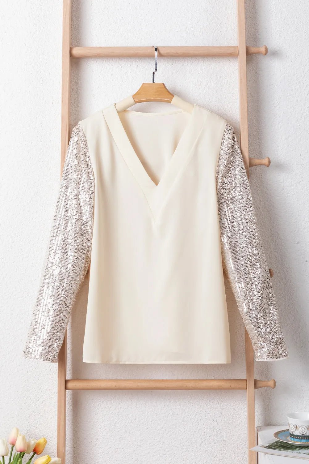 Sequin V-Neck Long Sleeve Blouse - SuzRevera