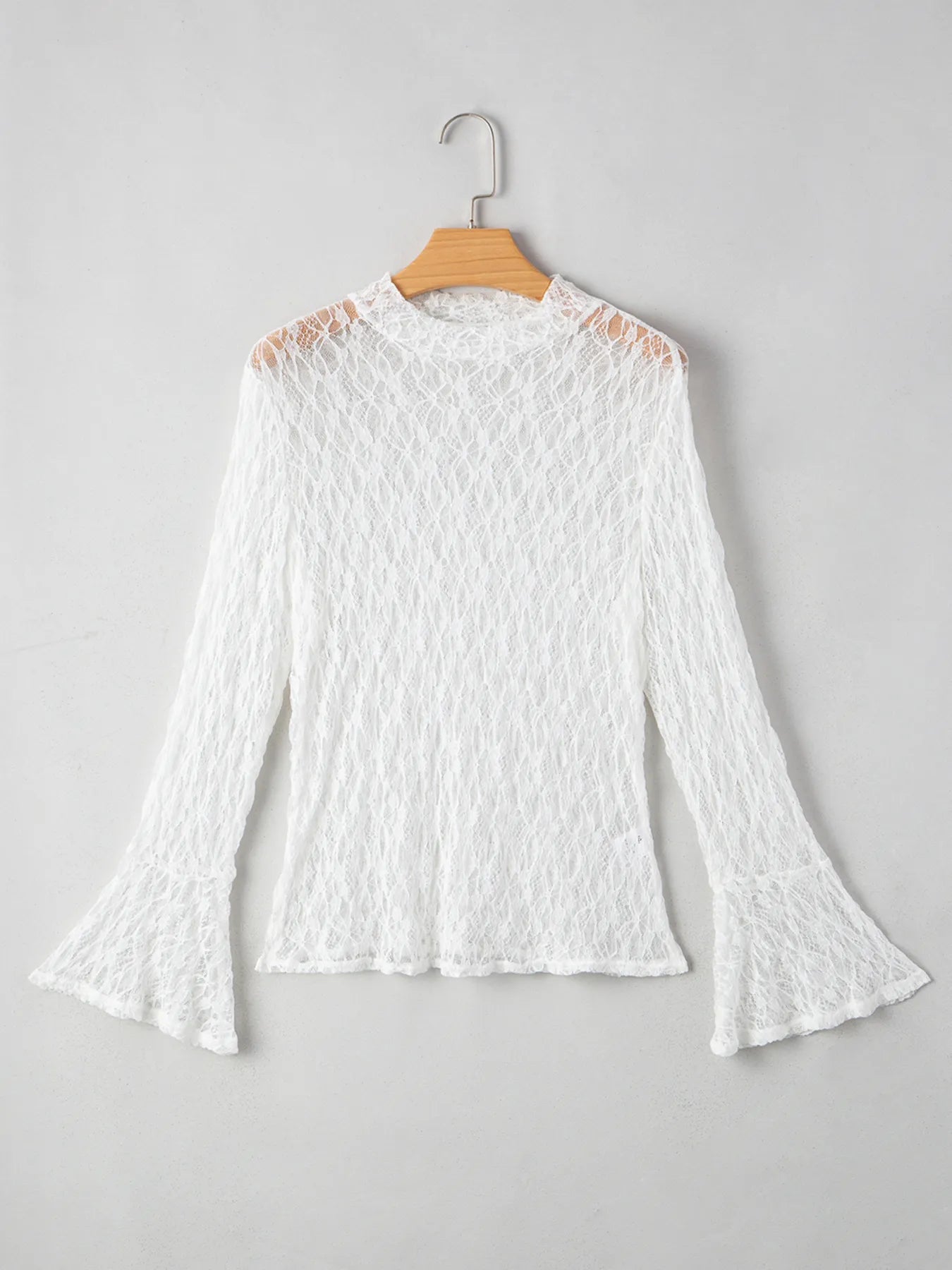 Sheer Lace Bell Sleeve Mock Neck Blouse - SuzRevera