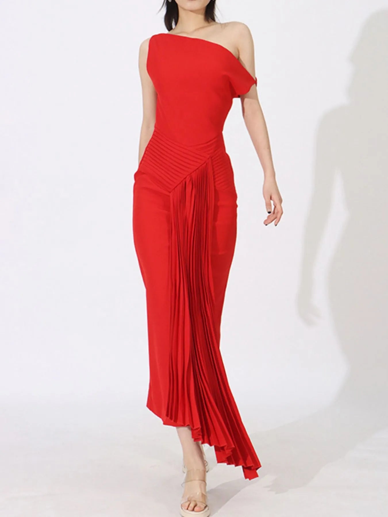 Single Shoulder Pleated Dress - SuzRevera