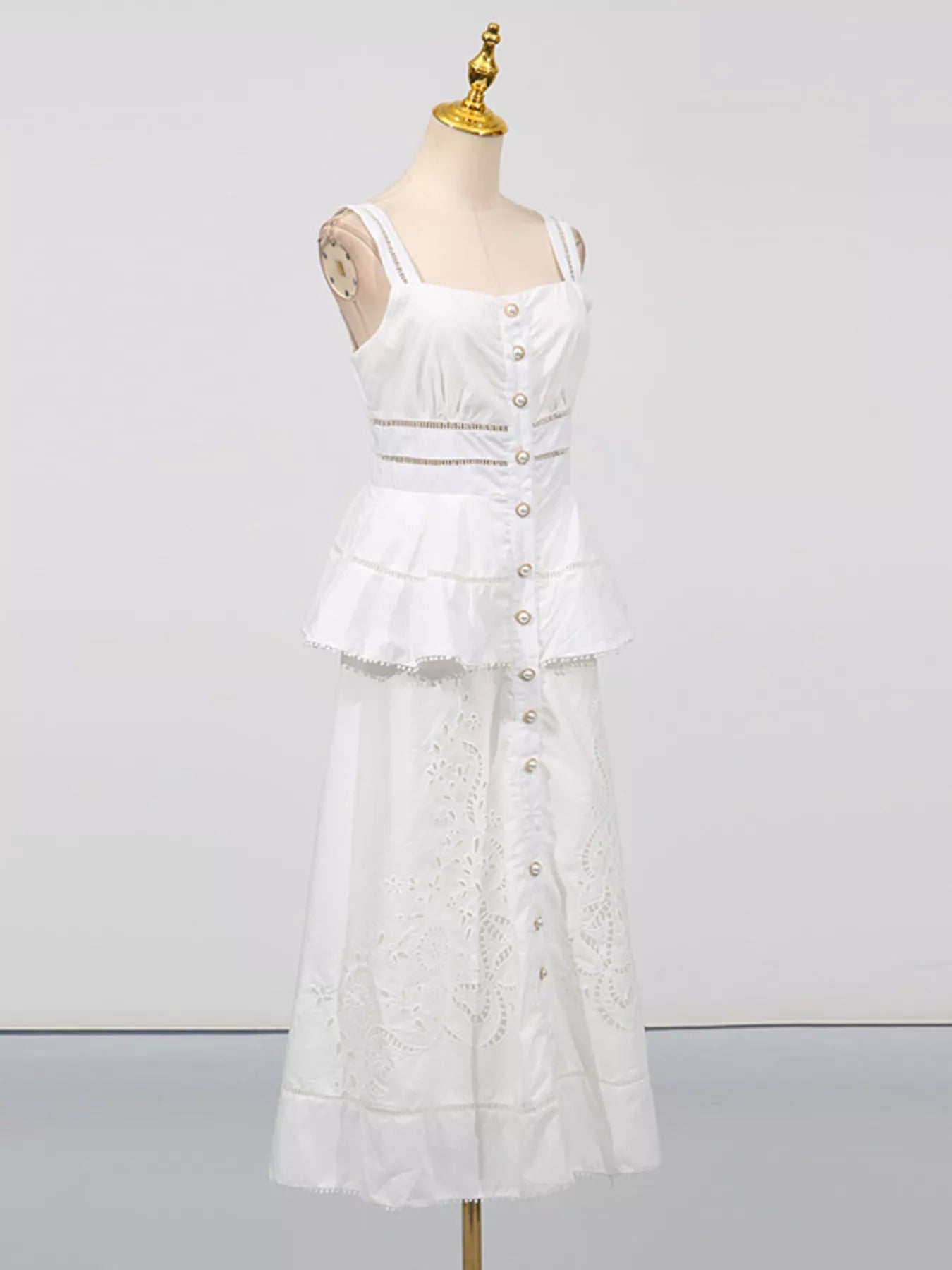 Sleeveless Eyelet Embroidered Button - Down Midi Dress - SuzRevera