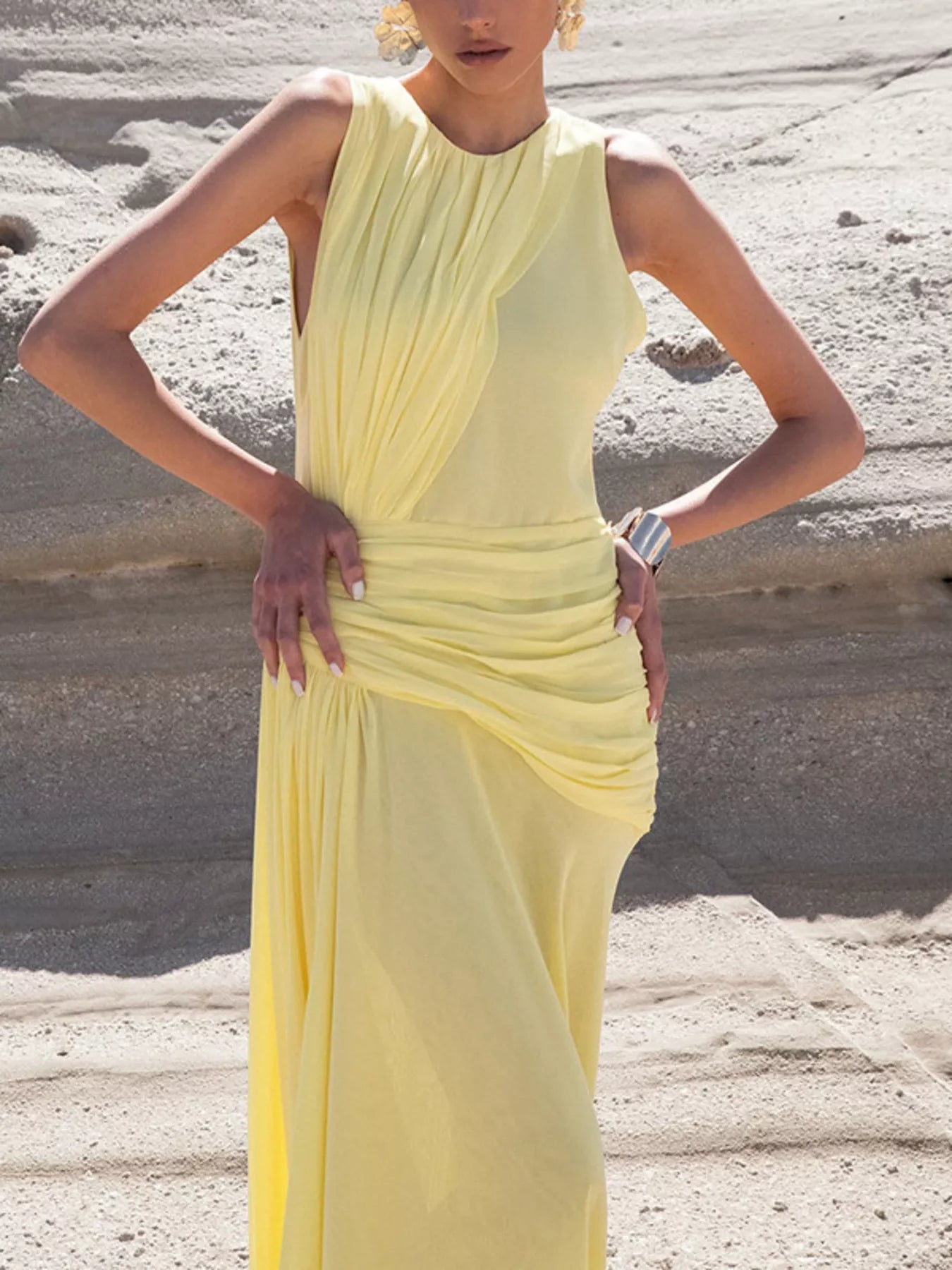 Sleeveless Ruched High-Slit Maxi Dress - SuzRevera