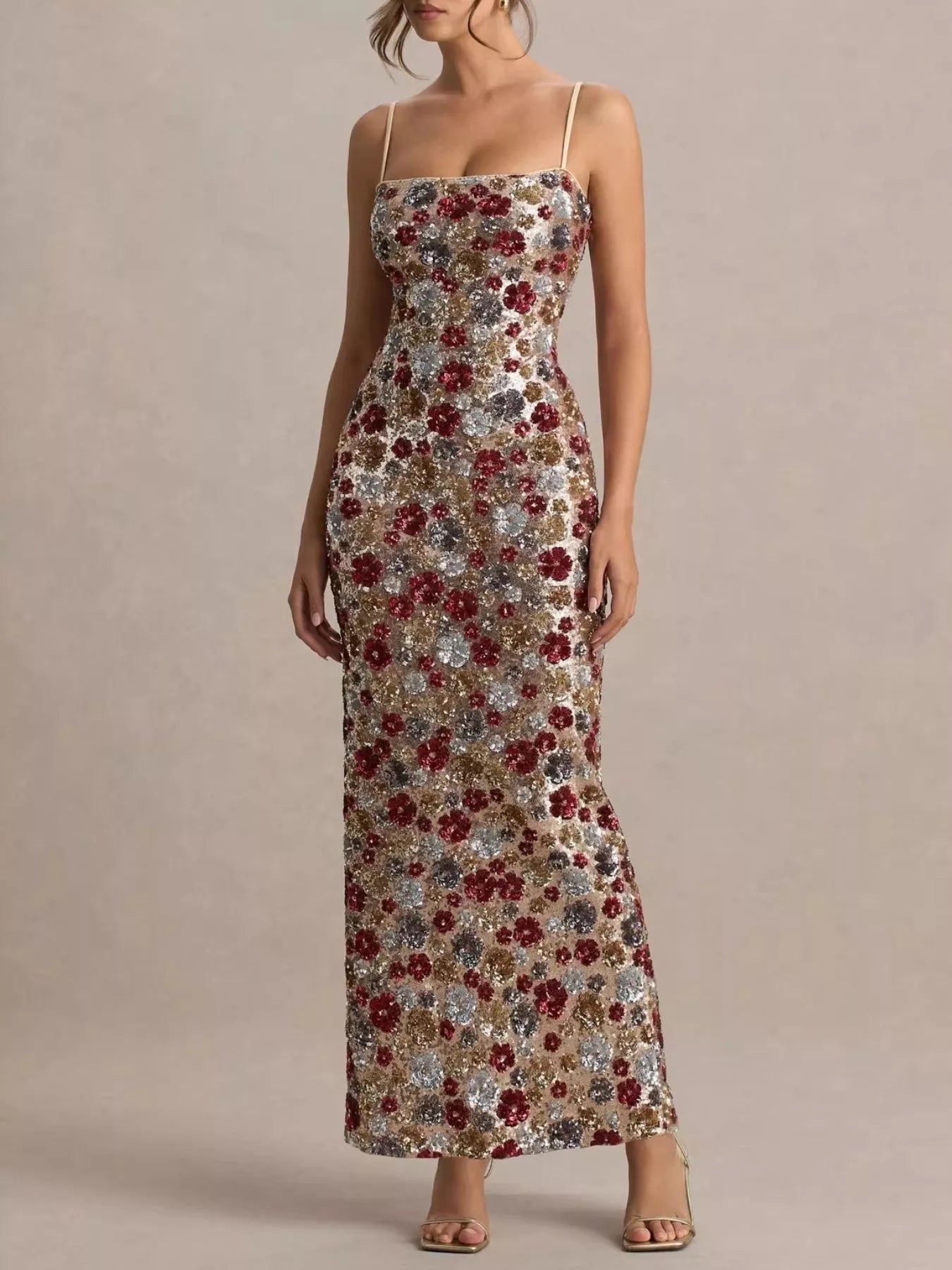 Slit Floral Sequin Bodycon Maxi Dress - SuzRevera