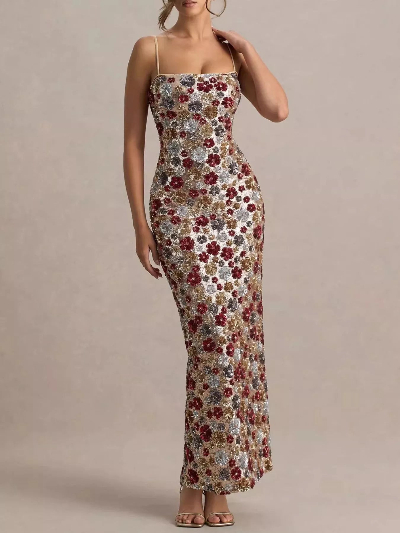Slit Floral Sequin Bodycon Maxi Dress - SuzRevera