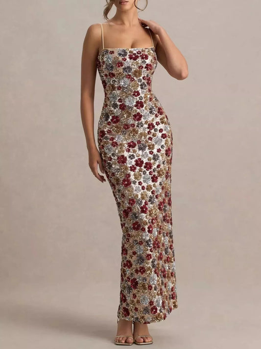 Slit Floral Sequin Bodycon Maxi Dress - SuzRevera
