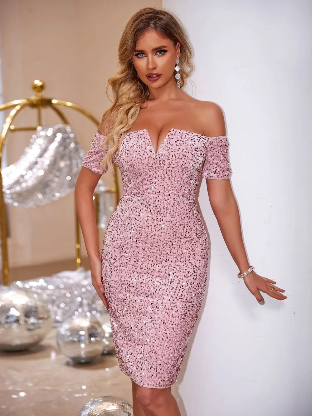 Slit Sequin Off - Shoulder Mini Dress - SuzRevera