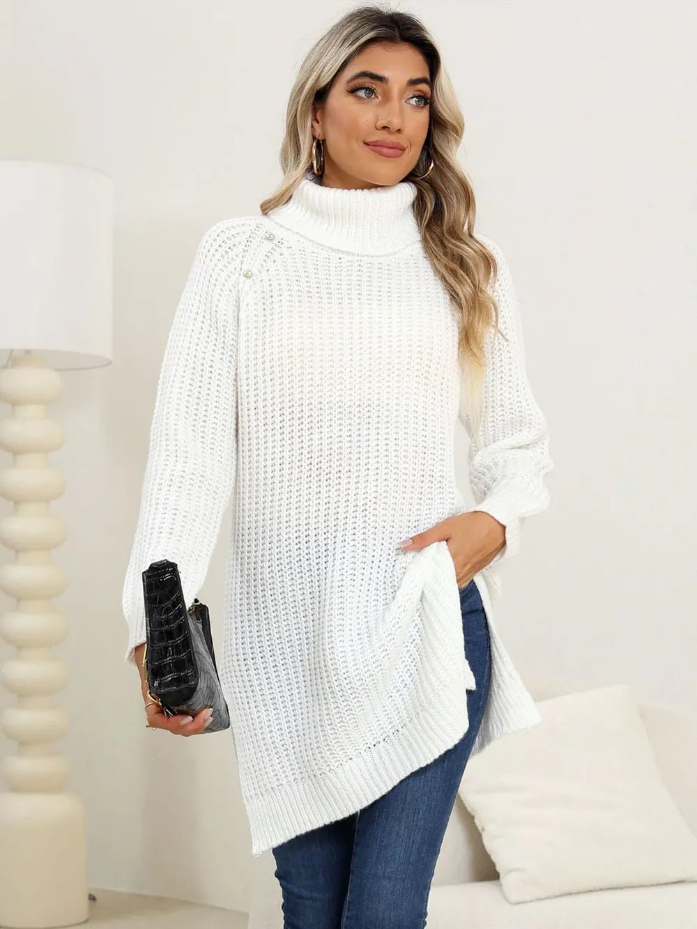 Slit Turtleneck Long Sleeve Sweater - SuzRevera