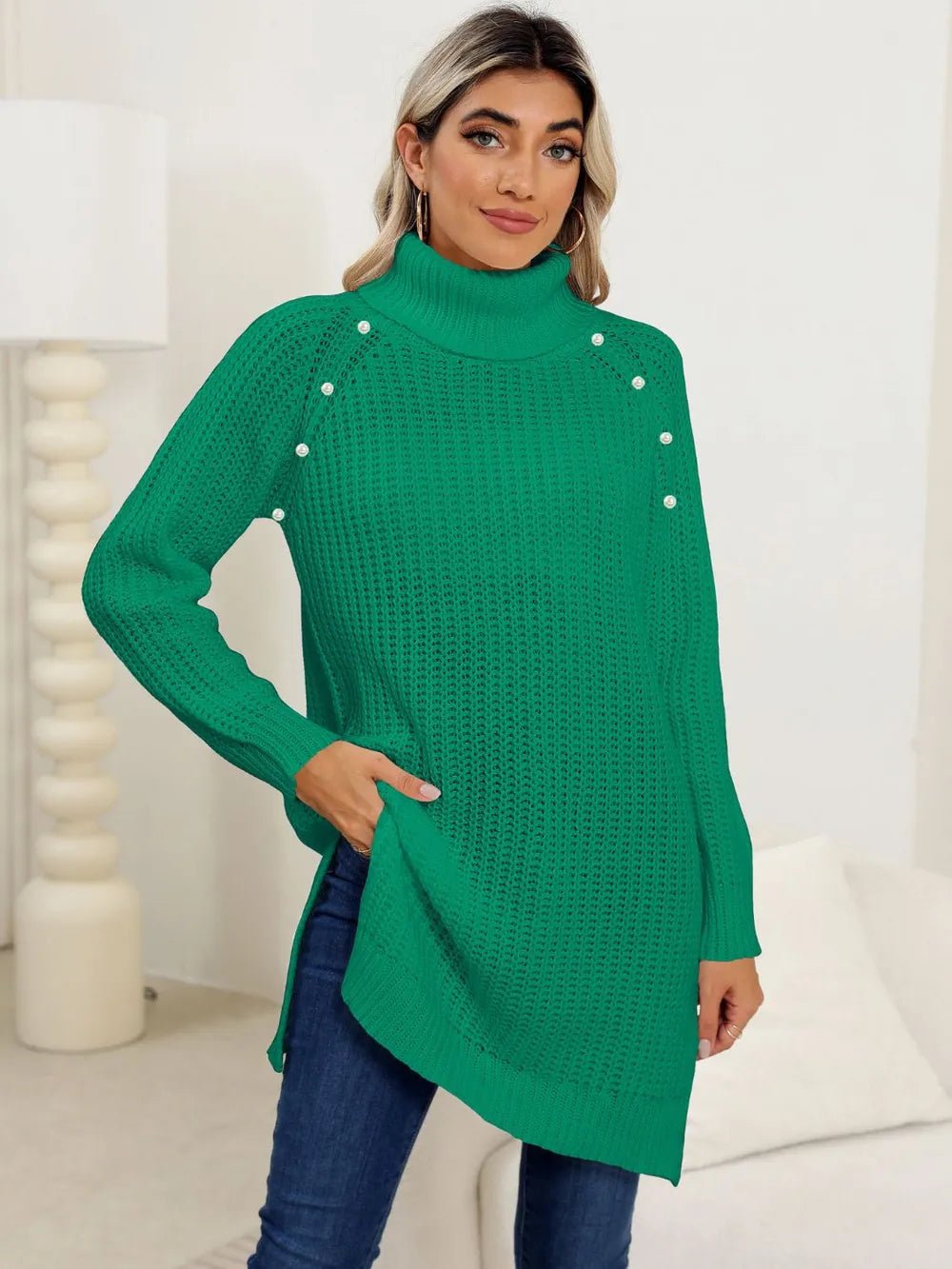 Slit Turtleneck Long Sleeve Sweater - SuzRevera