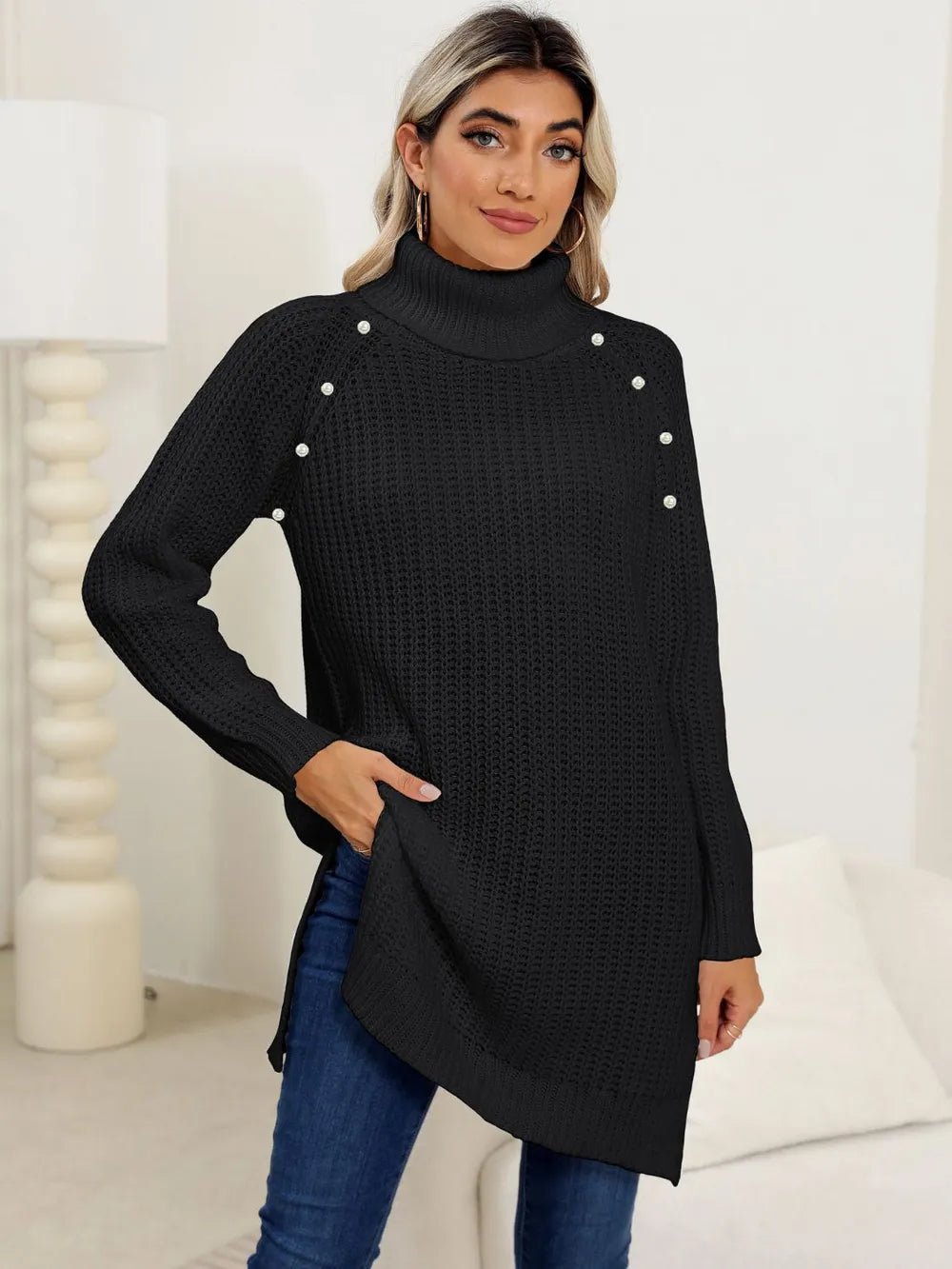 Slit Turtleneck Long Sleeve Sweater - SuzRevera
