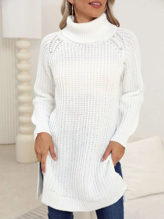 Slit Turtleneck Long Sleeve Sweater - SuzRevera