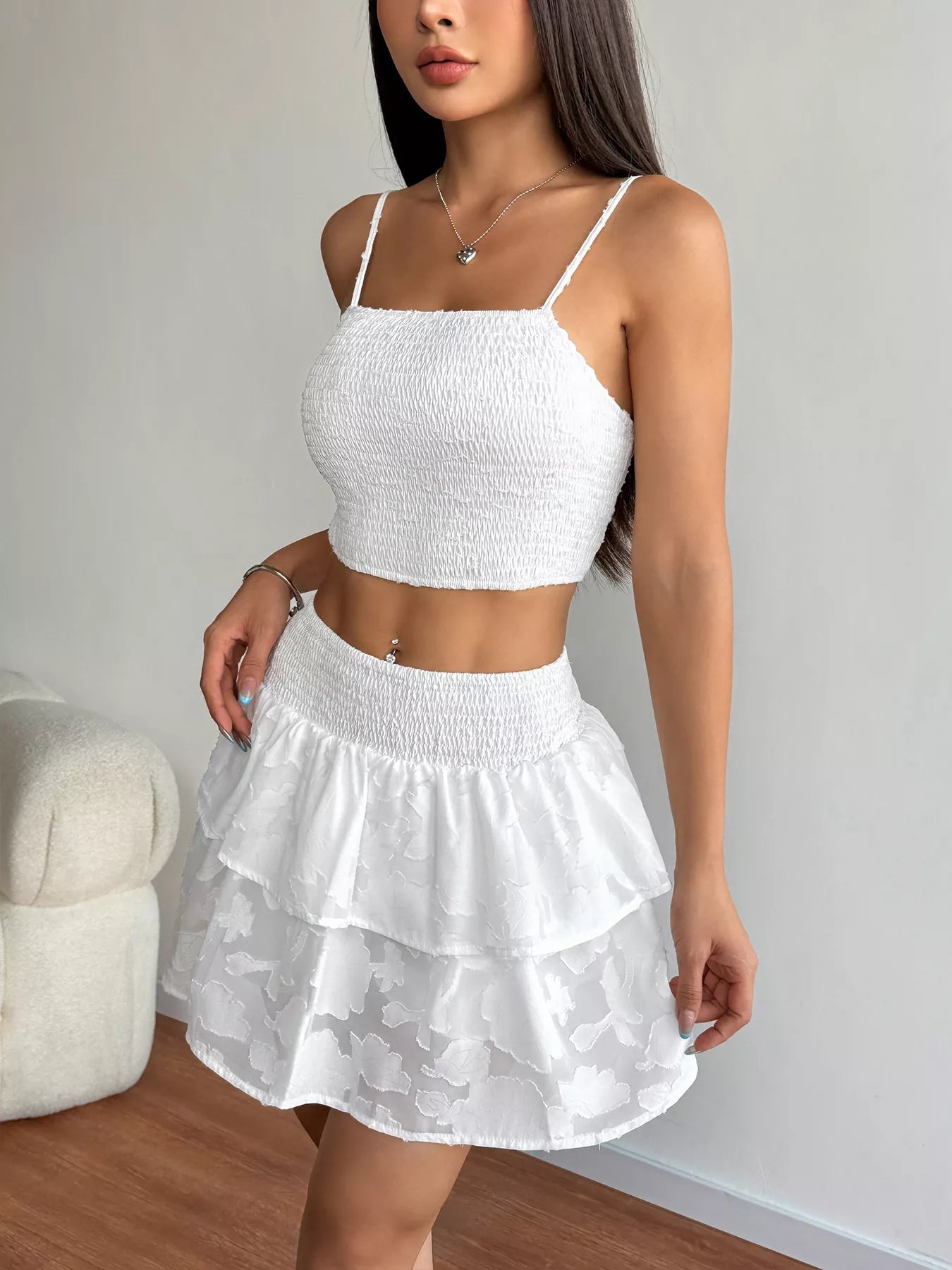 Smocked Crop Top & Ruffle Mini Skirt Set - SuzRevera