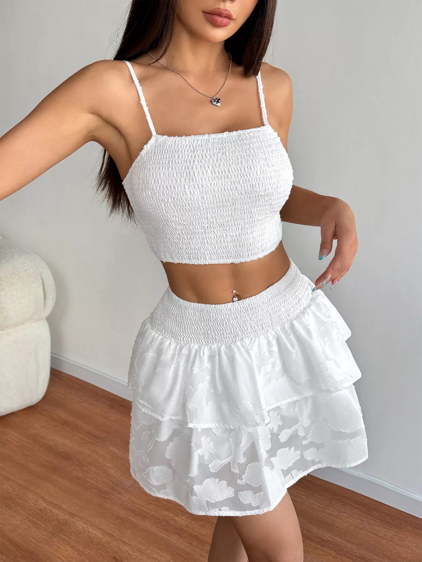 Smocked Crop Top & Ruffle Mini Skirt Set - SuzRevera